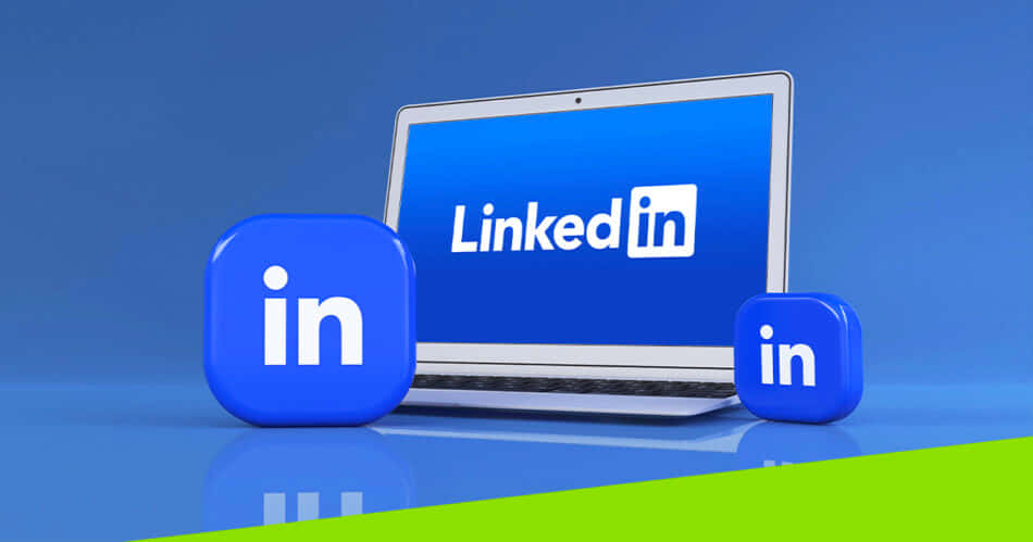 筆記型電腦上顯示 LinkedIn 標誌和浮動的 LinkedIn 圖示，背景為藍色和綠色。 — Valorant Logo 壁紙