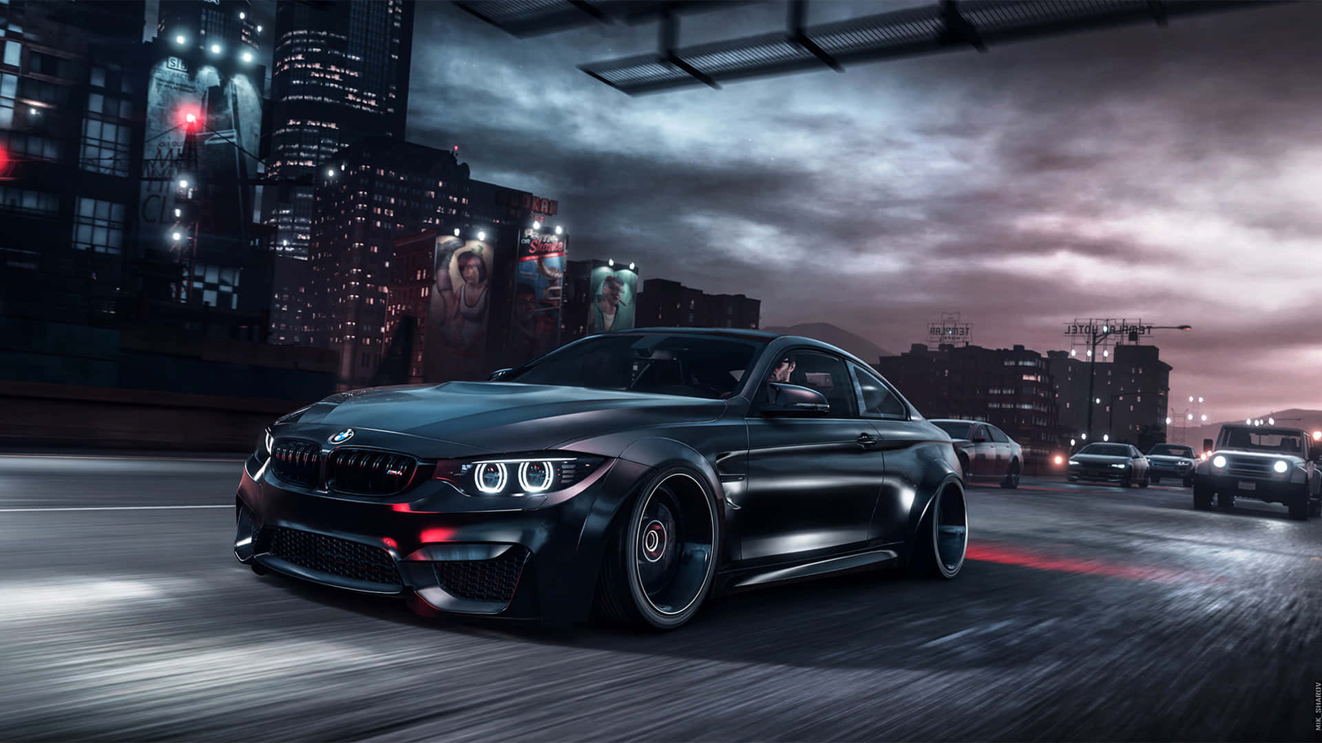 1920x1080 Bmw 桌布 壁紙 — 一台時尚黑色BMW跑車在潮濕的都市街道上疾馳，背景是陰鬱的暮色天空和閃爍的城市燈光。