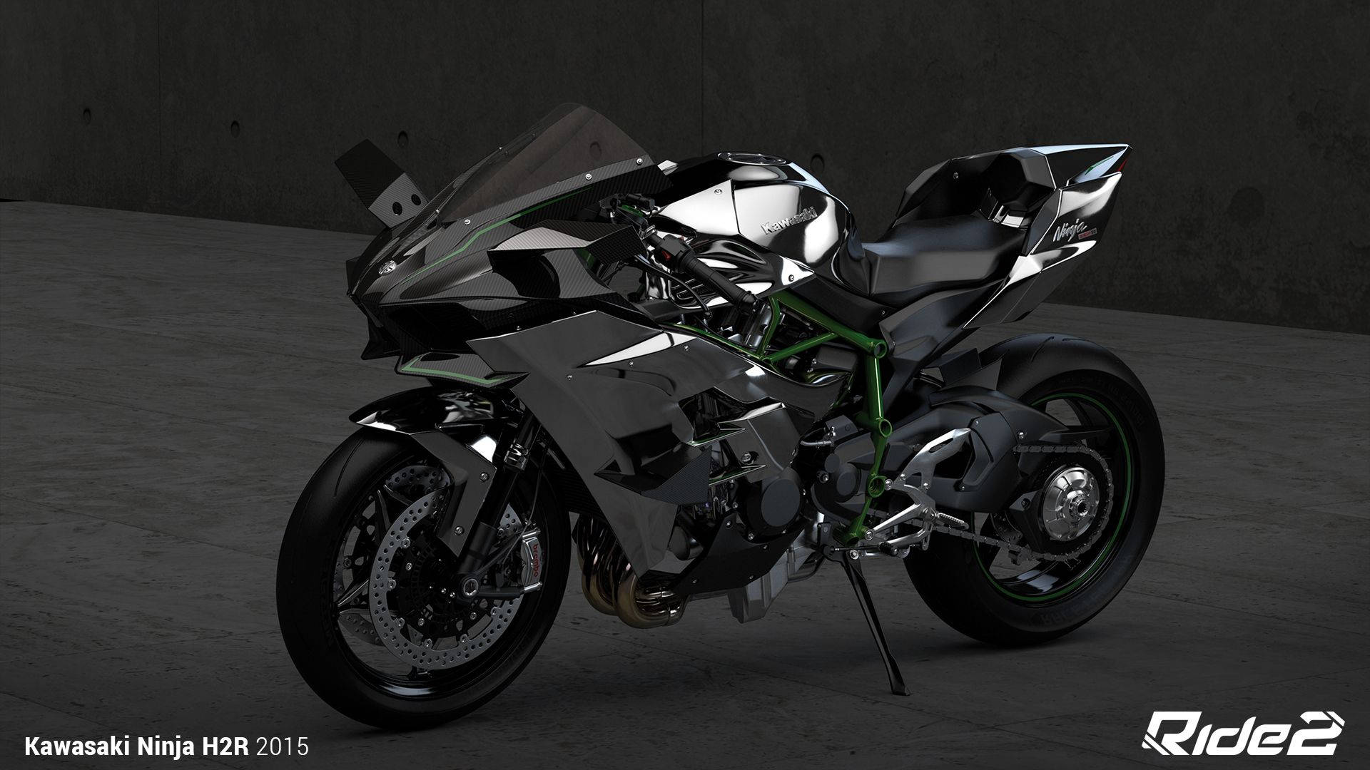 機車 桌布 壁紙 — 一台時尚黑色Kawasaki Ninja H2R 2015機車，帶有綠色點綴，在柔和燈光下停放在簡約的混凝土車庫中。