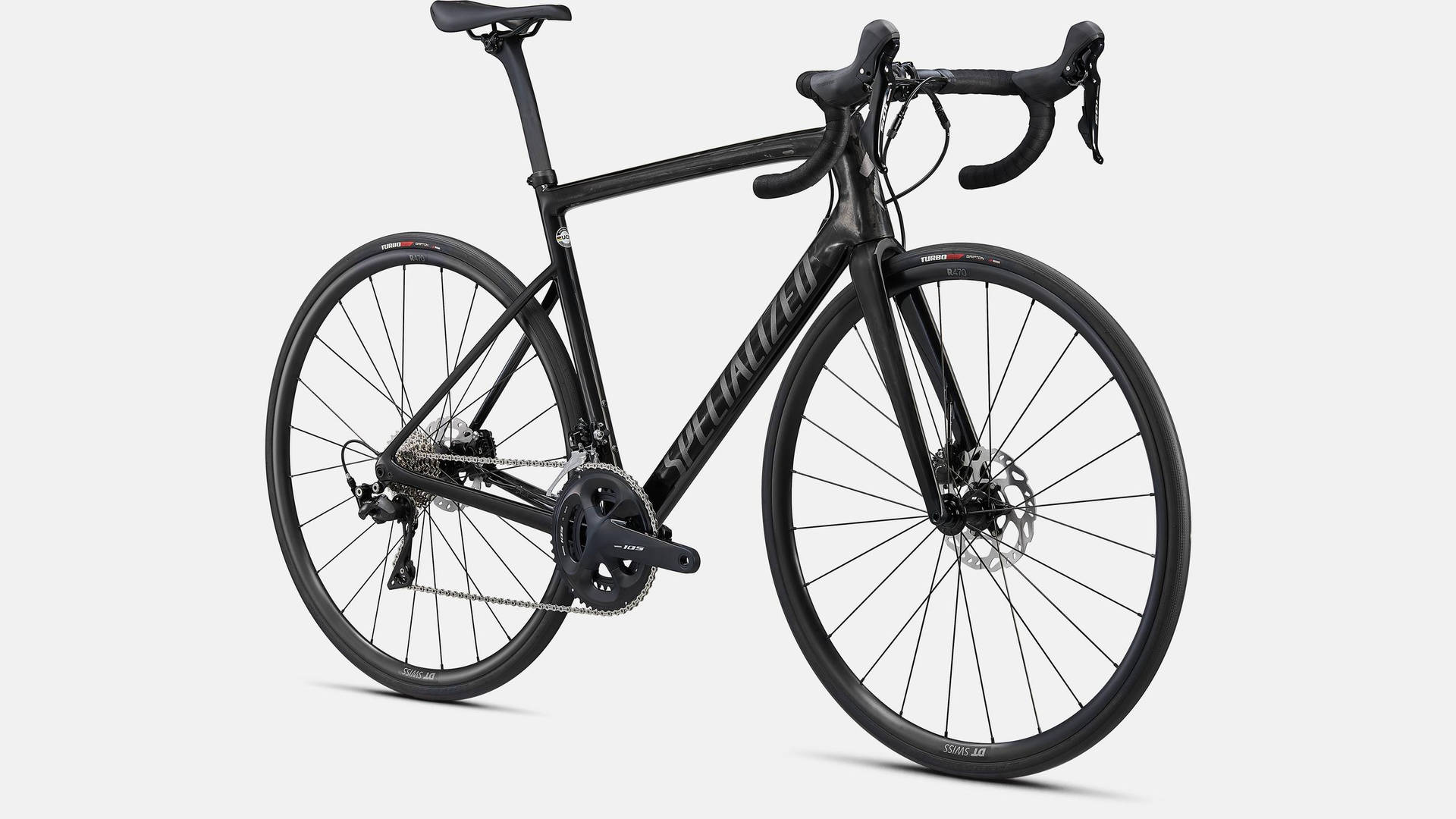 腳踏車 桌布 壁紙 — 一台時尚黑色Specialized公路自行車，配備下彎把手和碟煞，孤立地立在純白色背景上。
