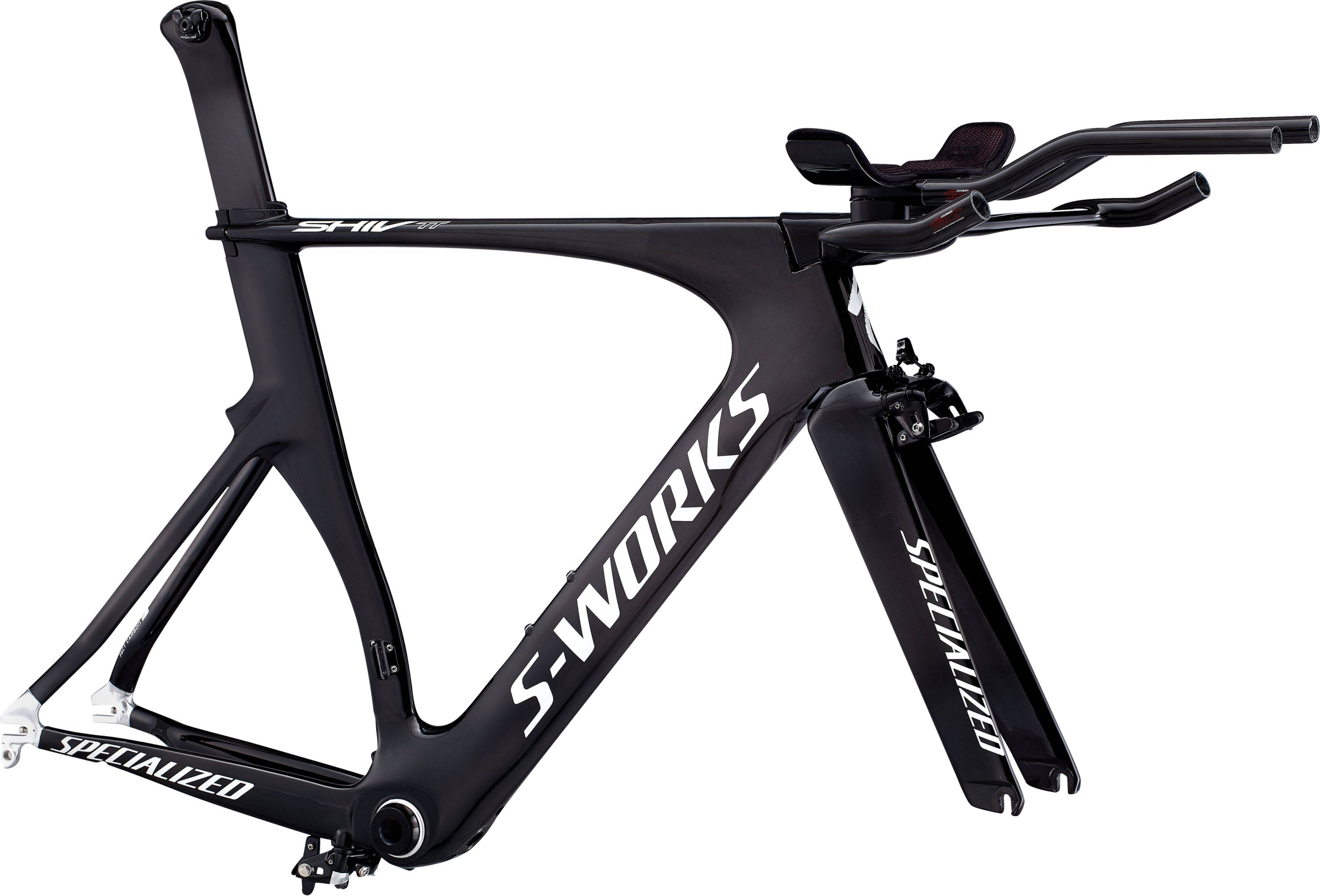 電腦 桌布 壁紙 — 一台時尚黑色Specialized S-Works Shiv計時賽自行車，配備空氣動力學車架及一體式把手，背景為白色。