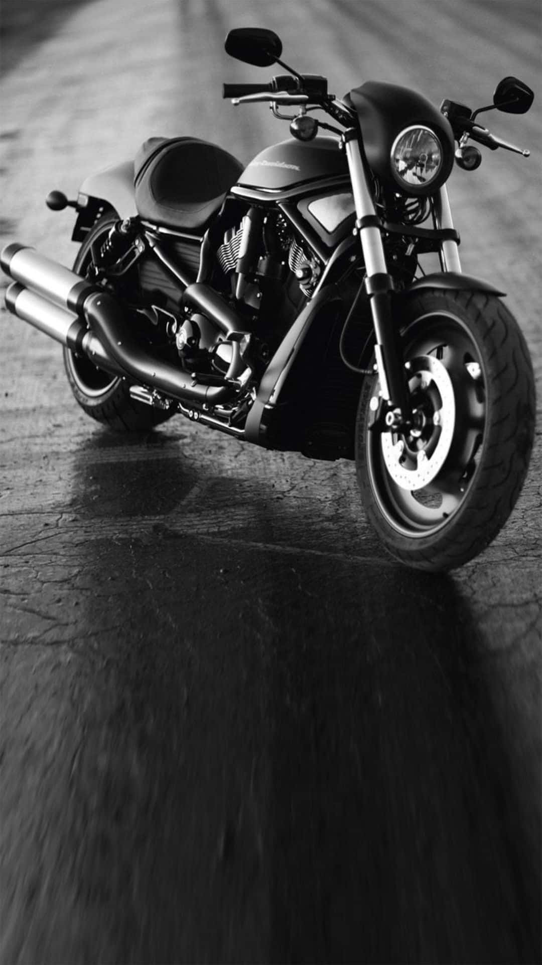 Harley Davidson HD 桌布 壁紙 — 一台時尚黑色機車搭配鍍鉻裝飾，在濕瀝青路上擺出姿勢，呈現戲劇性的黑白效果。