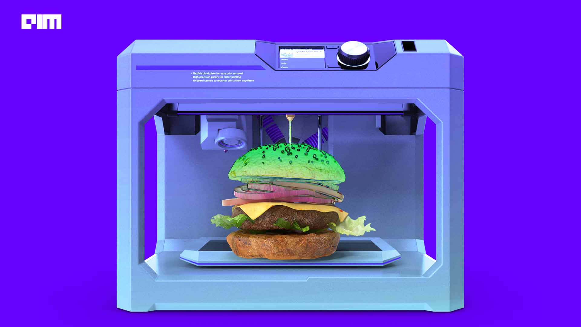 3d Printer 桌布 壁紙 — 一台未來感十足的3D列印機正在擠出一個鮮綠色漢堡，配有起司、生菜和肉餅，背景是鮮豔的紫色。