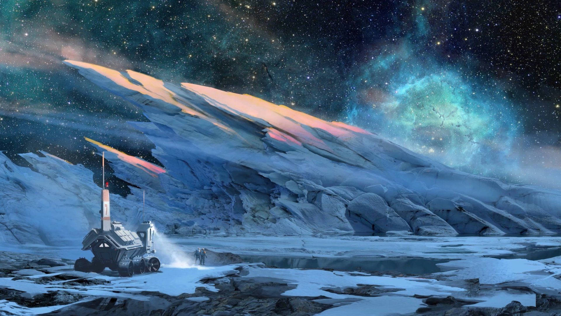 星空 桌布 壁紙 — 一台未來風格的探測車在繁星點點、帶有發光星雲的天空下，探索被雪覆蓋的外星行星。