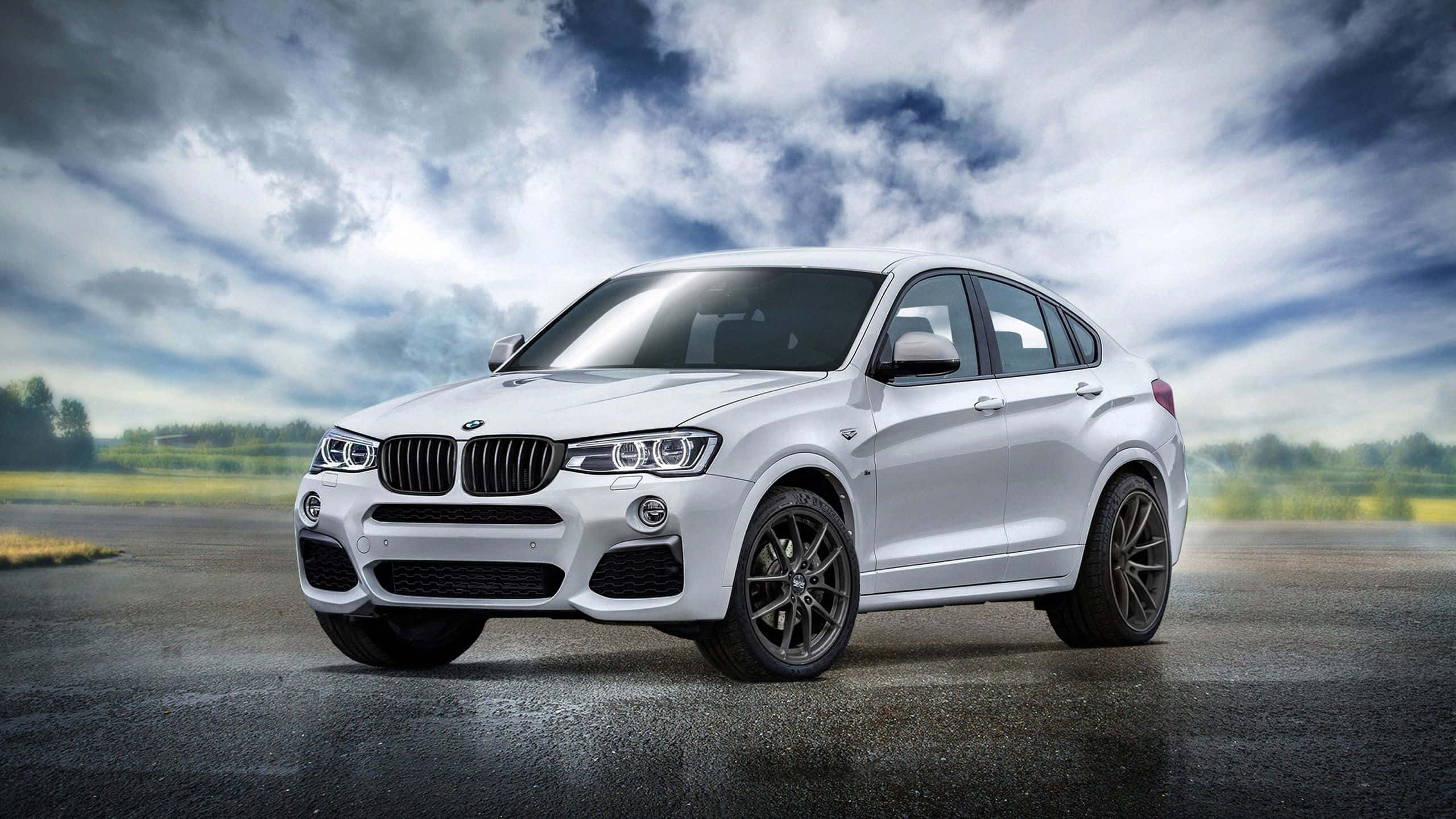 Bmw X3 桌布 壁紙 — 一台流線型白色BMW X4運動型轎跑車停在濕漉漉的柏油路上，背景是戲劇性的多雲天空和模糊的綠色田野。