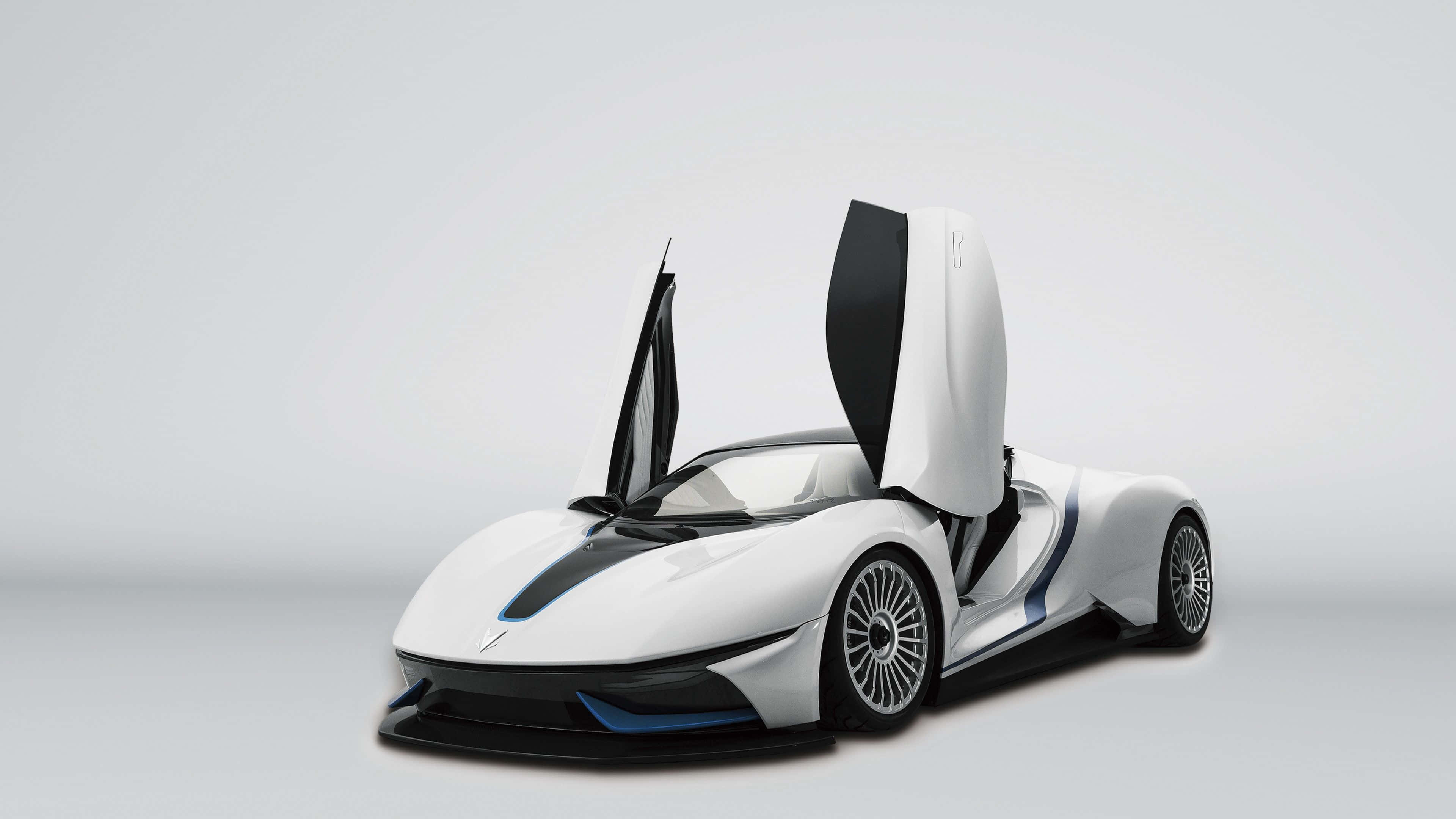 Baic Group 桌布 壁紙 — 一台流線型白色未來感跑車，鷗翼門打開，背景為簡約灰色攝影棚。