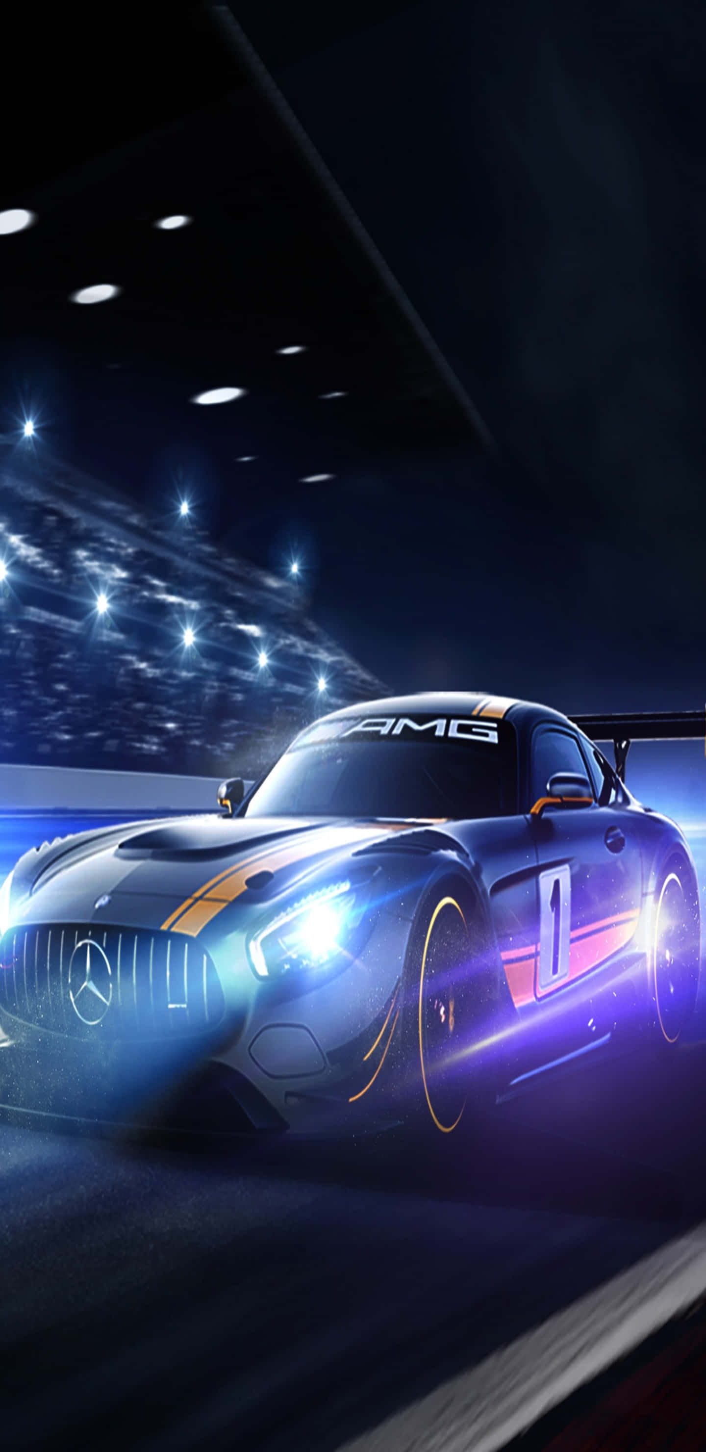 Mercedes Benz 桌布 壁紙 — 一台流線型的藍色Mercedes-AMG賽車在黑暗的隧道中疾馳，發光的燈光掠過。