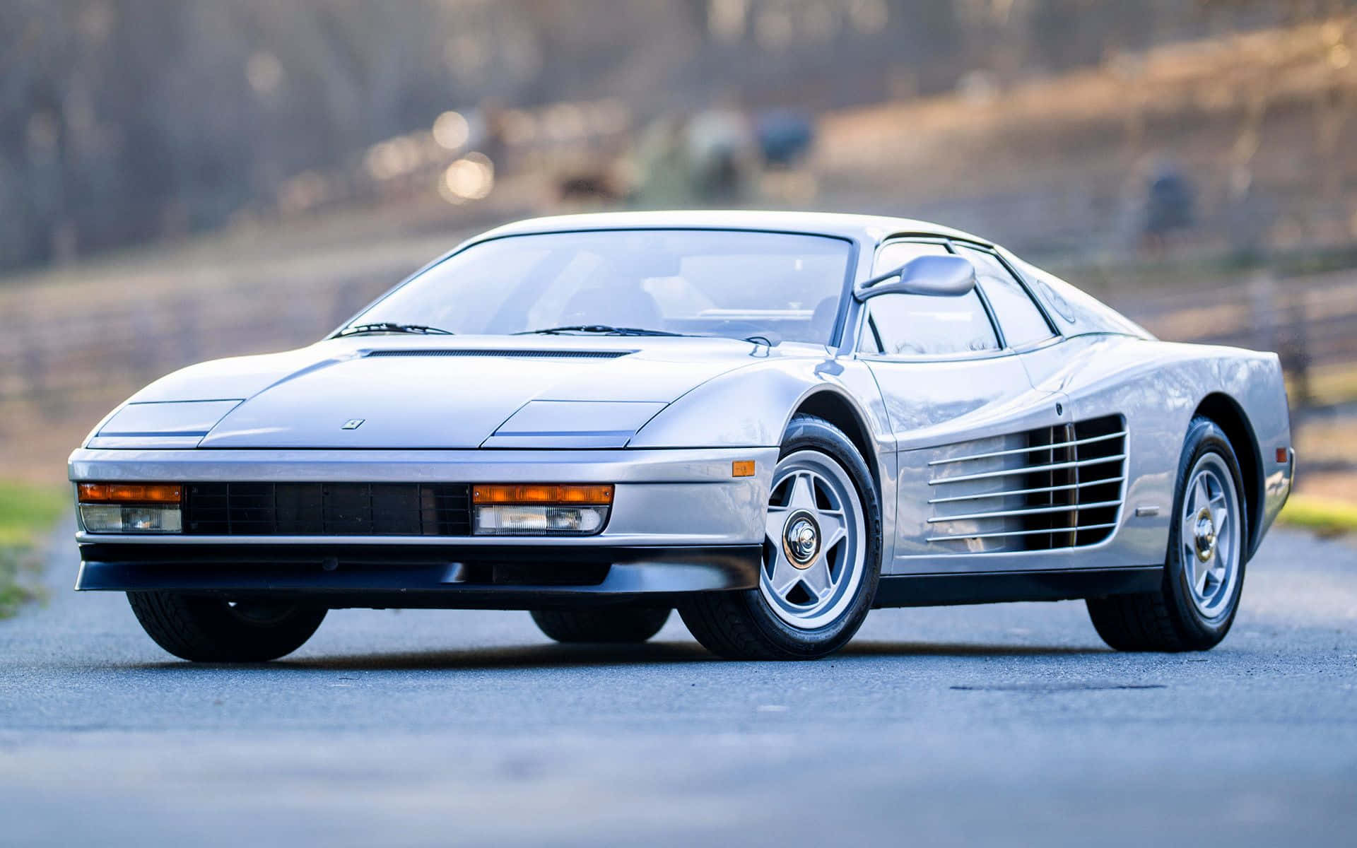 Ferrari Testarossa 桌布 壁紙 — 一台流線型的銀色法拉利Testarossa在柔和日光下，於一條寧靜的鄉村道路上閃耀，背景是模糊的樹木。