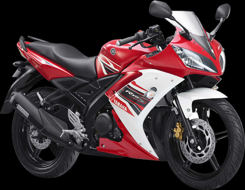 機車 桌布 壁紙 — 一台流線型紅白Yamaha R15運動機車，帶有黑色飾邊和金色煞車卡鉗，在純黑色背景上孤立展示。