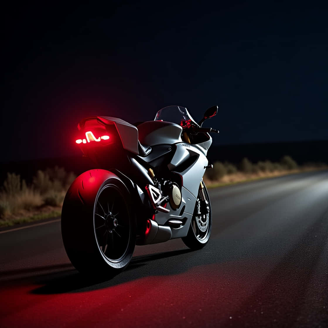 ducati panigale 壁紙 — 一台流線型銀色運動機車，帶有發光的紅色尾燈，在夜晚獨自行駛在黑暗的沙漠公路上。