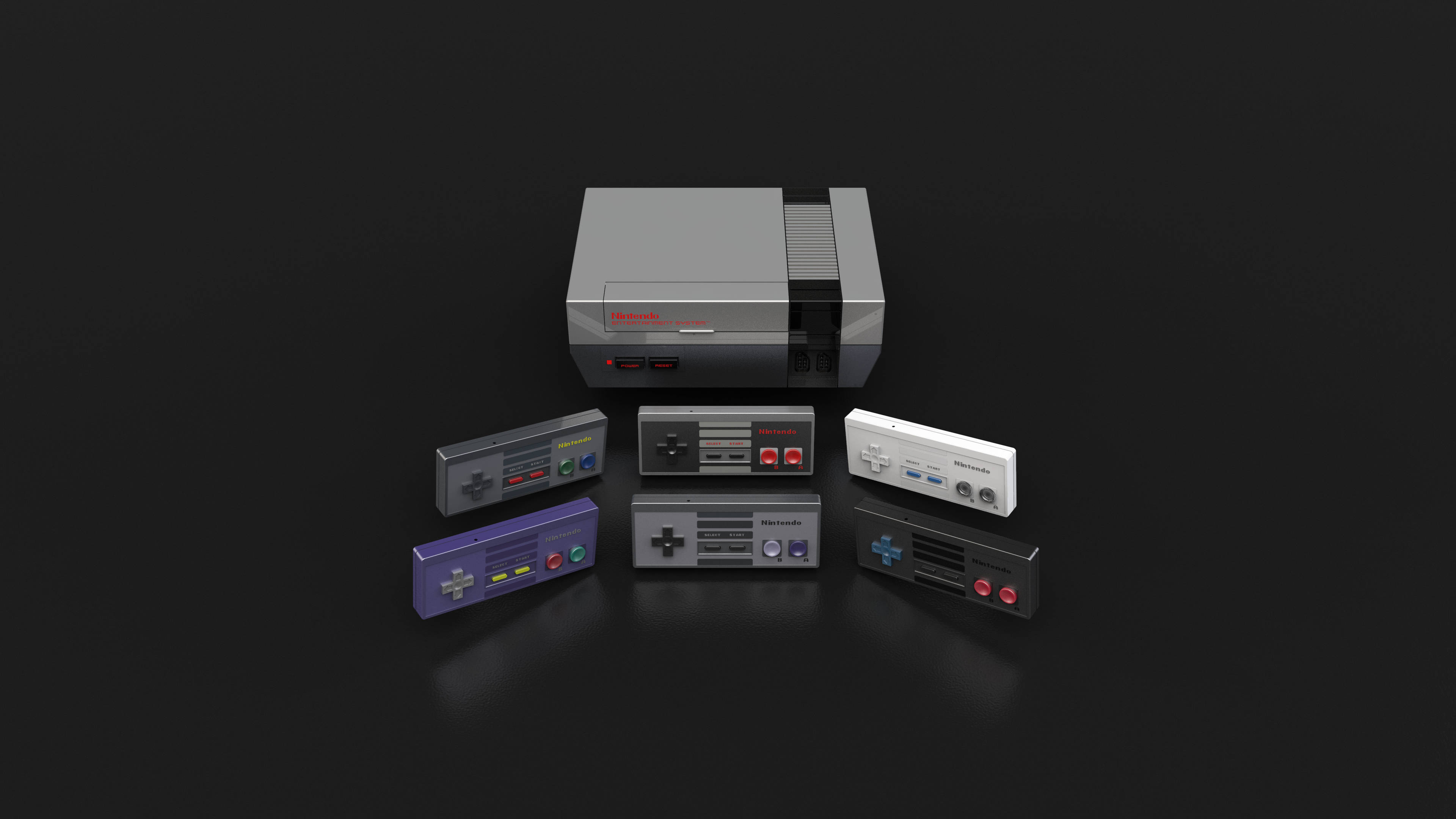紅白機 桌布 壁紙 — 一台灰色的Nintendo Entertainment System主機，被六個色彩繽紛的控制器包圍，放在黑色反光表面上。