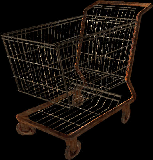 Shopping Cart 桌布 壁紙 — 一台生鏽的金屬購物車，帶有磨損的輪子和褪色的棕色車架，孤立地立在黑色背景前。
