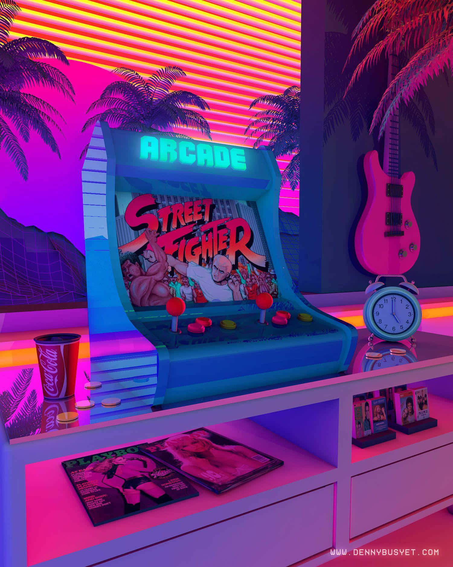 Arcade Aesthetic 桌布 壁紙 — 一台發光的藍色街頭霸王大型電玩機台放置在充滿霓虹燈的復古房間中，房間內有棕櫚樹和一把粉紅色吉他。