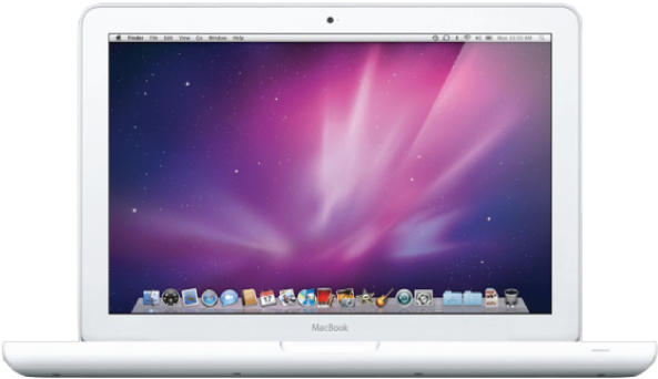 MacBook 桌布 壁紙 — 一台白色 MacBook 筆記型電腦顯示充滿活力的紫色和粉紅色極光桌布，配有星空和 macOS Dock。