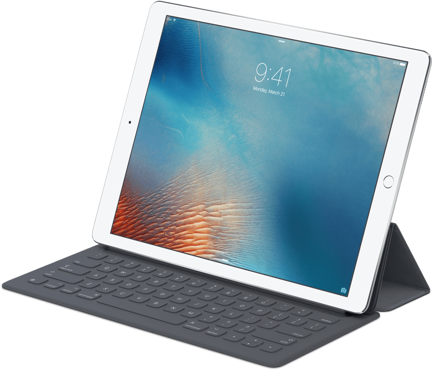 鍵盤 桌布 壁紙 — 一台白色iPad配備鍵盤保護套，在黑色背景上顯示充滿活力的藍色和橙色抽象桌布。