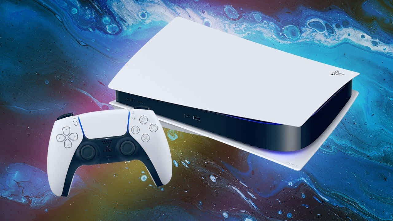 PS5 動態圖片 桌布 壁紙 — 一台白色PlayStation 5主機和控制器漂浮在藍色、紫色和金色旋轉的宇宙星雲中。