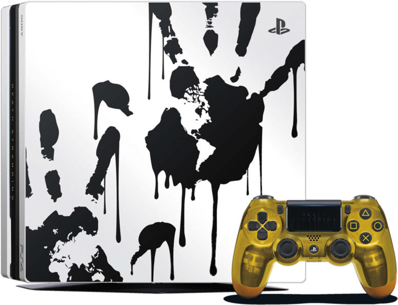 PlayStation 桌布 壁紙 — 一台白色PlayStation 4主機，帶有黑色油漆飛濺設計，旁邊有一個金色半透明控制器。