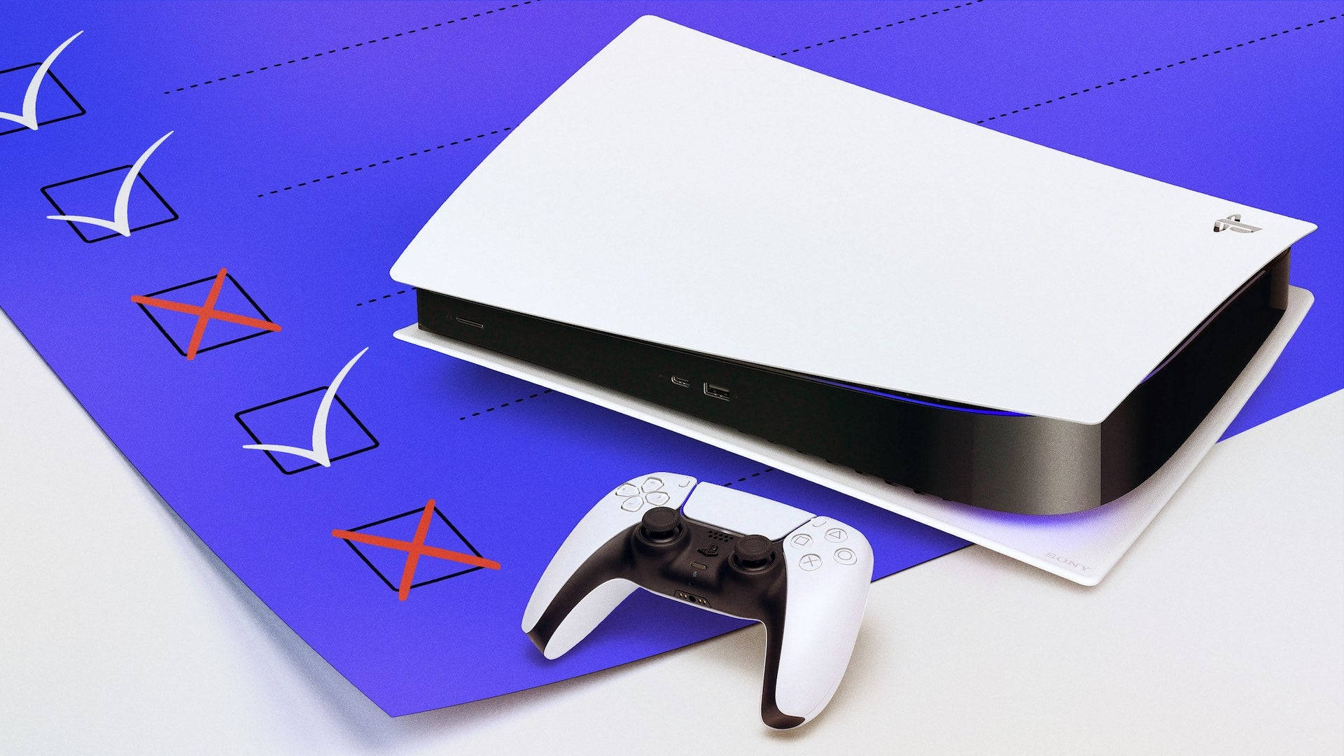 PS5 動態圖片 桌布 壁紙 — 一台白色PlayStation 5主機和控制器放在一個帶有標記方格的藍色清單上。