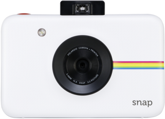 相機 桌布 壁紙 — 一台白色Polaroid Snap相機，帶有彩虹條紋和黑色鏡頭，置於純色背景中央。