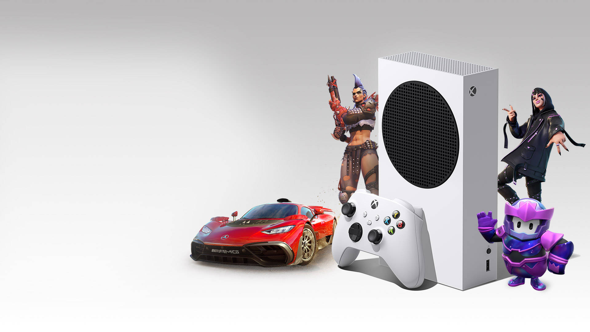 Xbox 桌布 壁紙 — 一台白色Xbox主機和控制器，被遊戲角色和一輛紅色跑車包圍，背景為純白色。