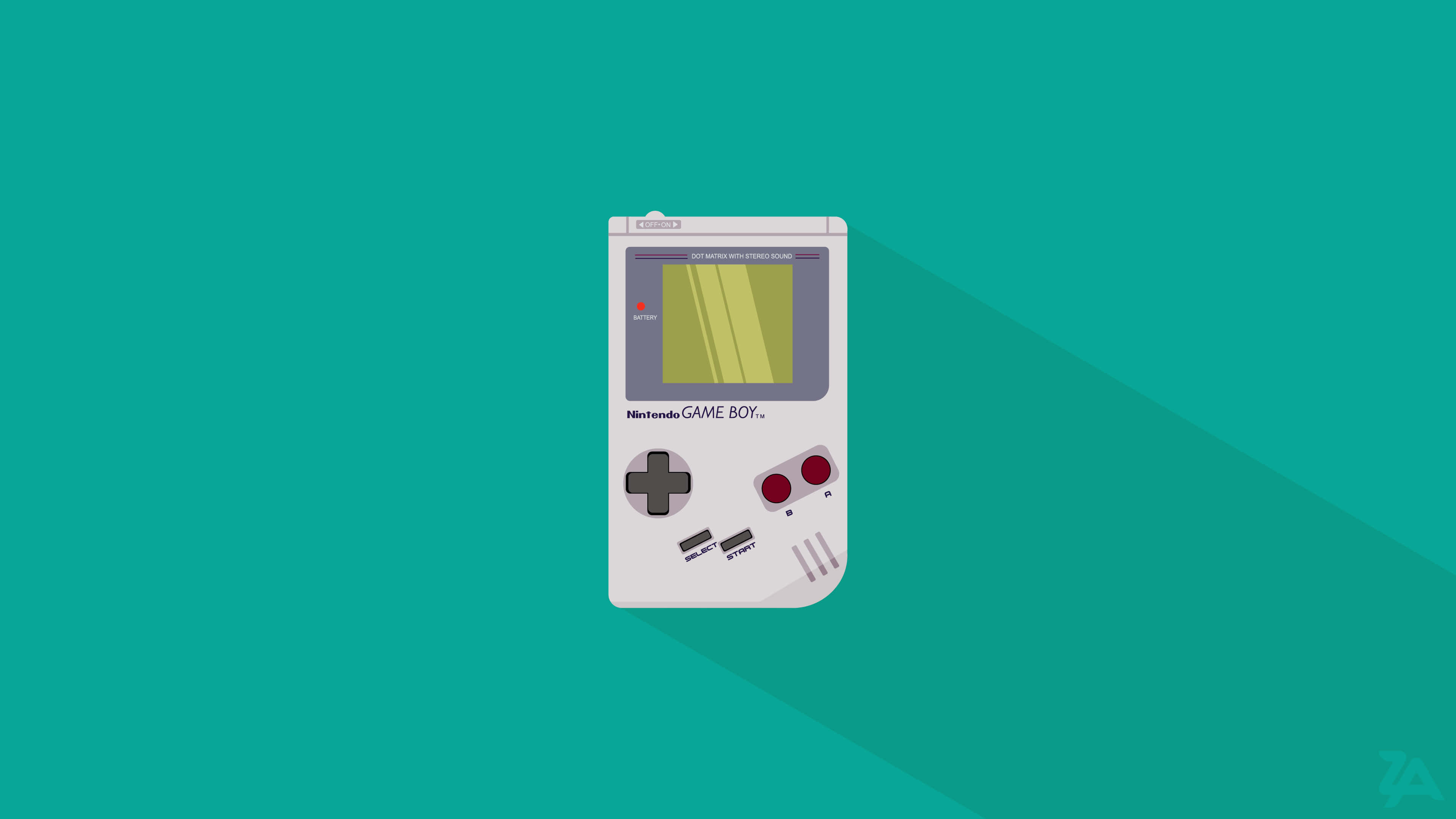 game 桌布 壁紙 — 一台白色任天堂Game Boy，紅色按鈕，在純青色背景上投下長長的影子。