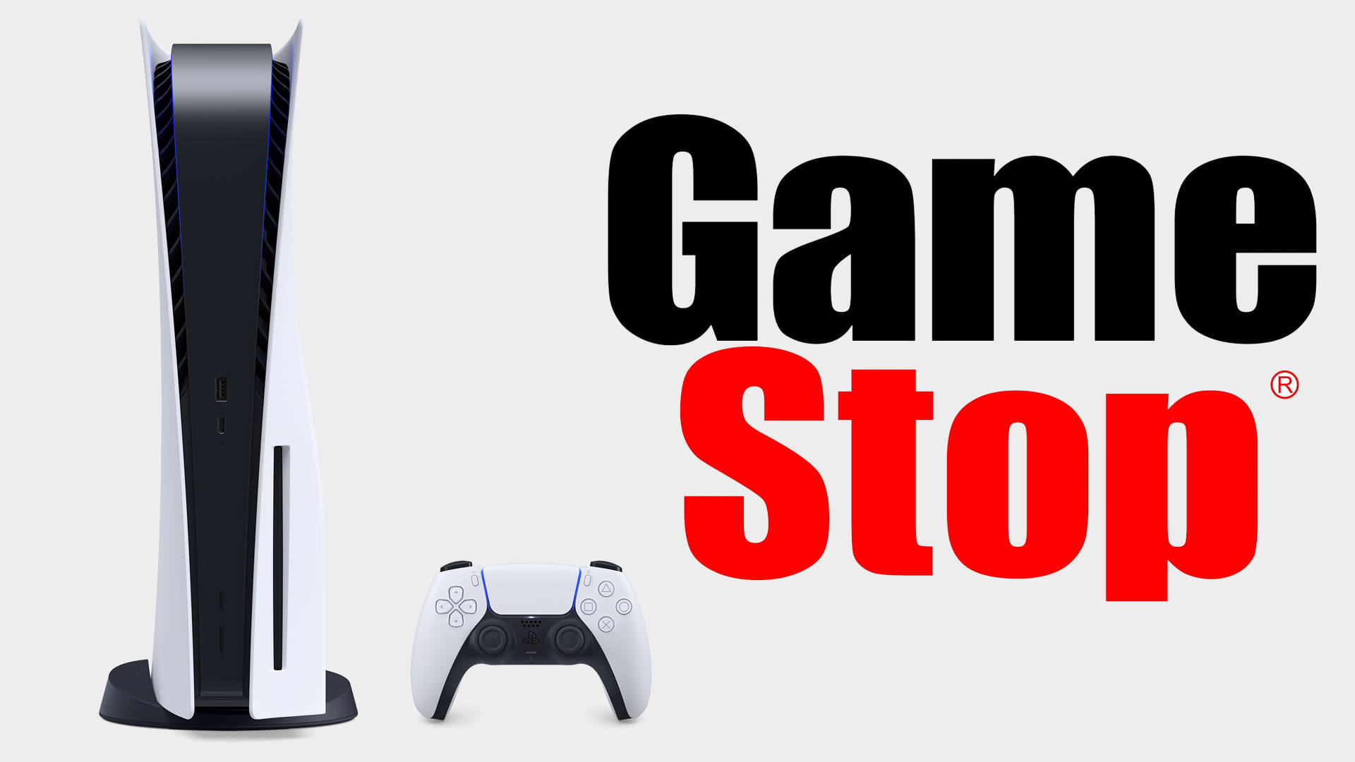 GameStop 桌布 壁紙 — 一台白色和黑色的 PlayStation 5 主機和控制器放在純色背景上，旁邊是粗體的 GameStop 標誌。