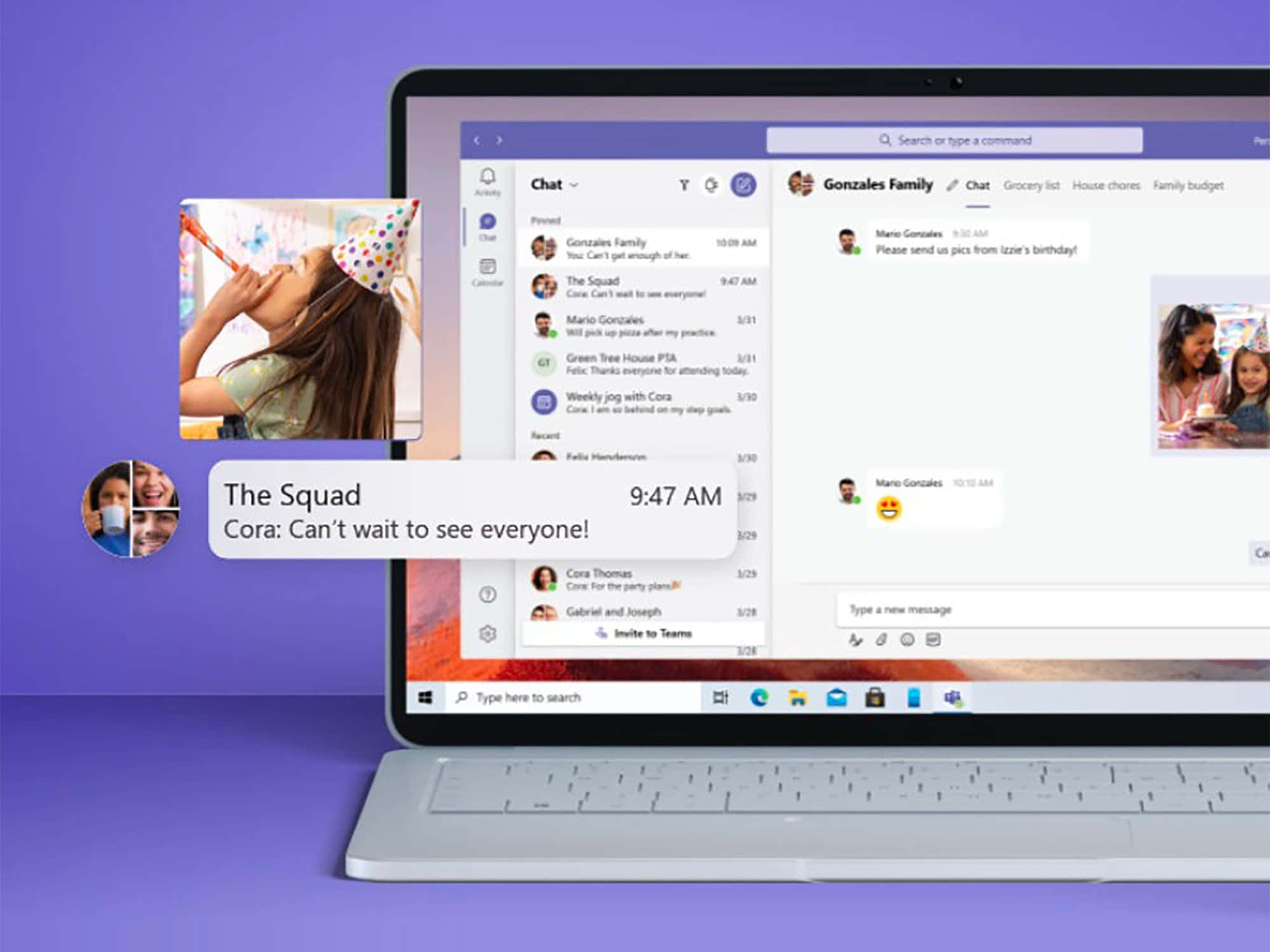 Microsoft Teams 桌布 壁紙 — 一台筆記型電腦在充滿活力的紫色背景上顯示包含家庭照片和訊息的Teams聊天。