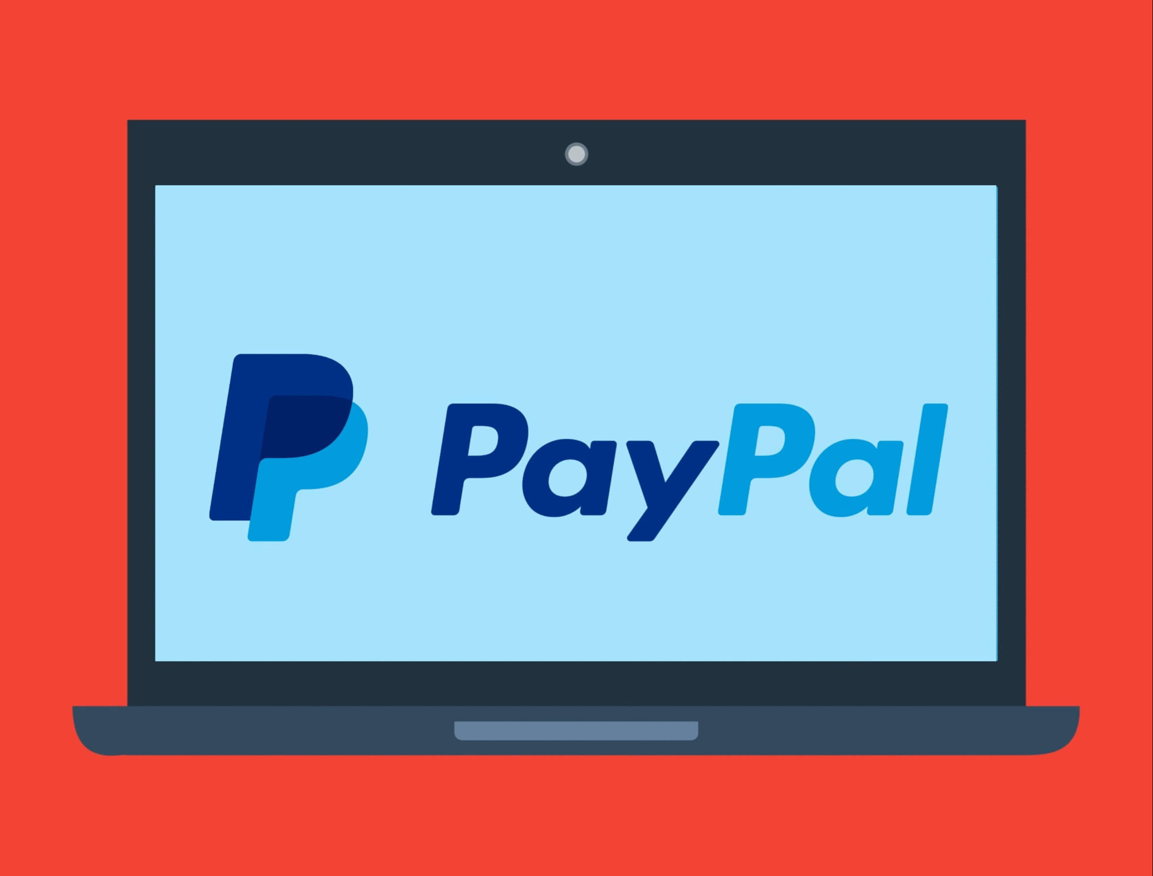 PayPal 桌布 壁紙 — 一台筆記型電腦在淺藍色螢幕上顯示PayPal標誌，背景為大膽的紅色。