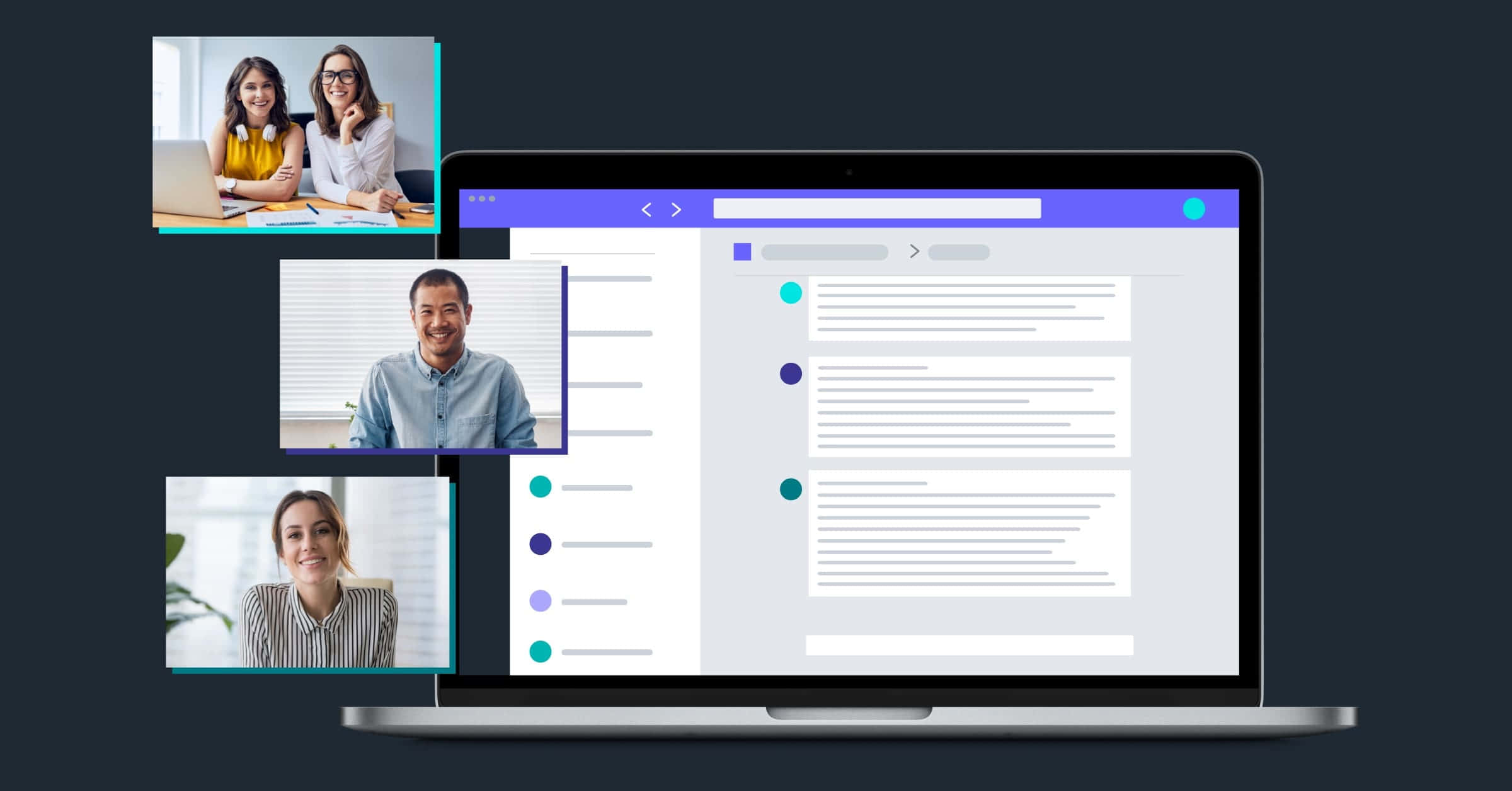 Microsoft Teams 桌布 壁紙 — 一台筆記型電腦顯示一個視訊通話介面，有三個微笑的參與者在獨立的視窗中，背景為深色。