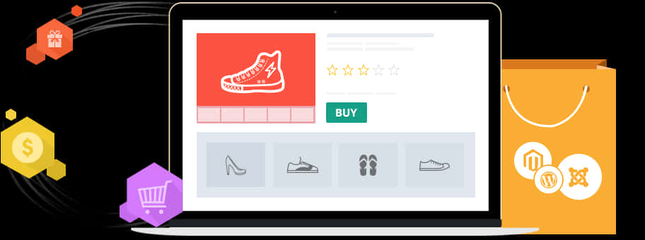 Website Logo 桌布 壁紙 — 一台筆記型電腦顯示一個鞋類產品頁面，上面有紅色運動鞋圖片和購買按鈕，周圍環繞著購物圖示和一個黃色手提袋。