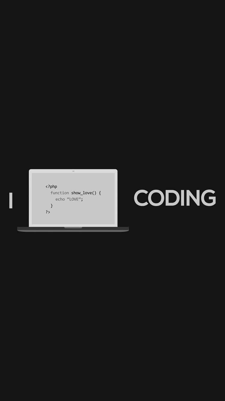 Code iPhone 桌布 壁紙 — 一台簡約風格的筆記型電腦在黑色背景上顯示一個輸出「愛」的PHP函數，旁邊有「CODING」字樣。