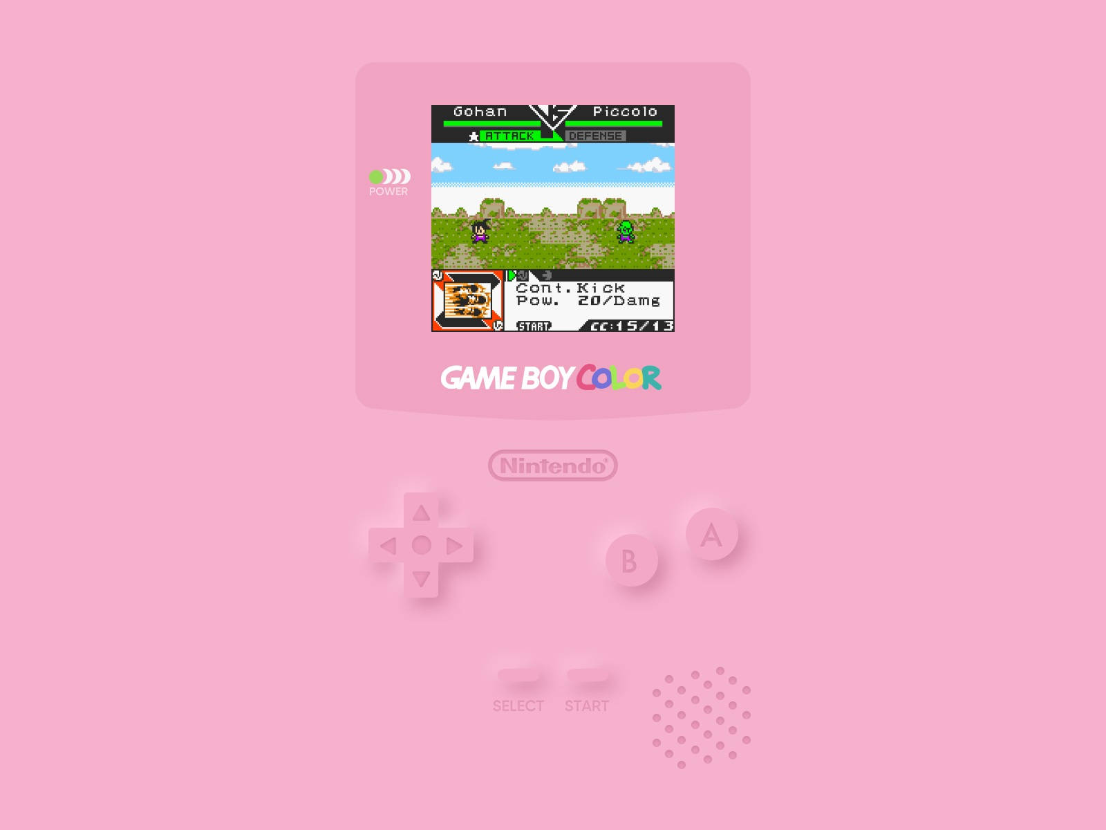 game 桌布 壁紙 — 一台粉紅色 Game Boy Color 顯示出像素化的七龍珠戰鬥，悟空和比克在藍天下的草地上對戰。