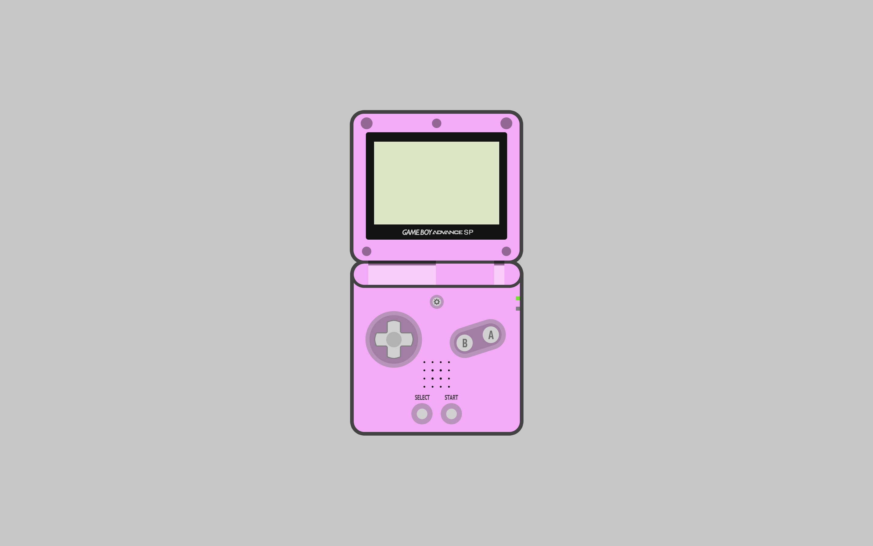 game 桌布 壁紙 — 一台粉紅色Game Boy Advance SP主機，空白螢幕置於純灰色背景中央。