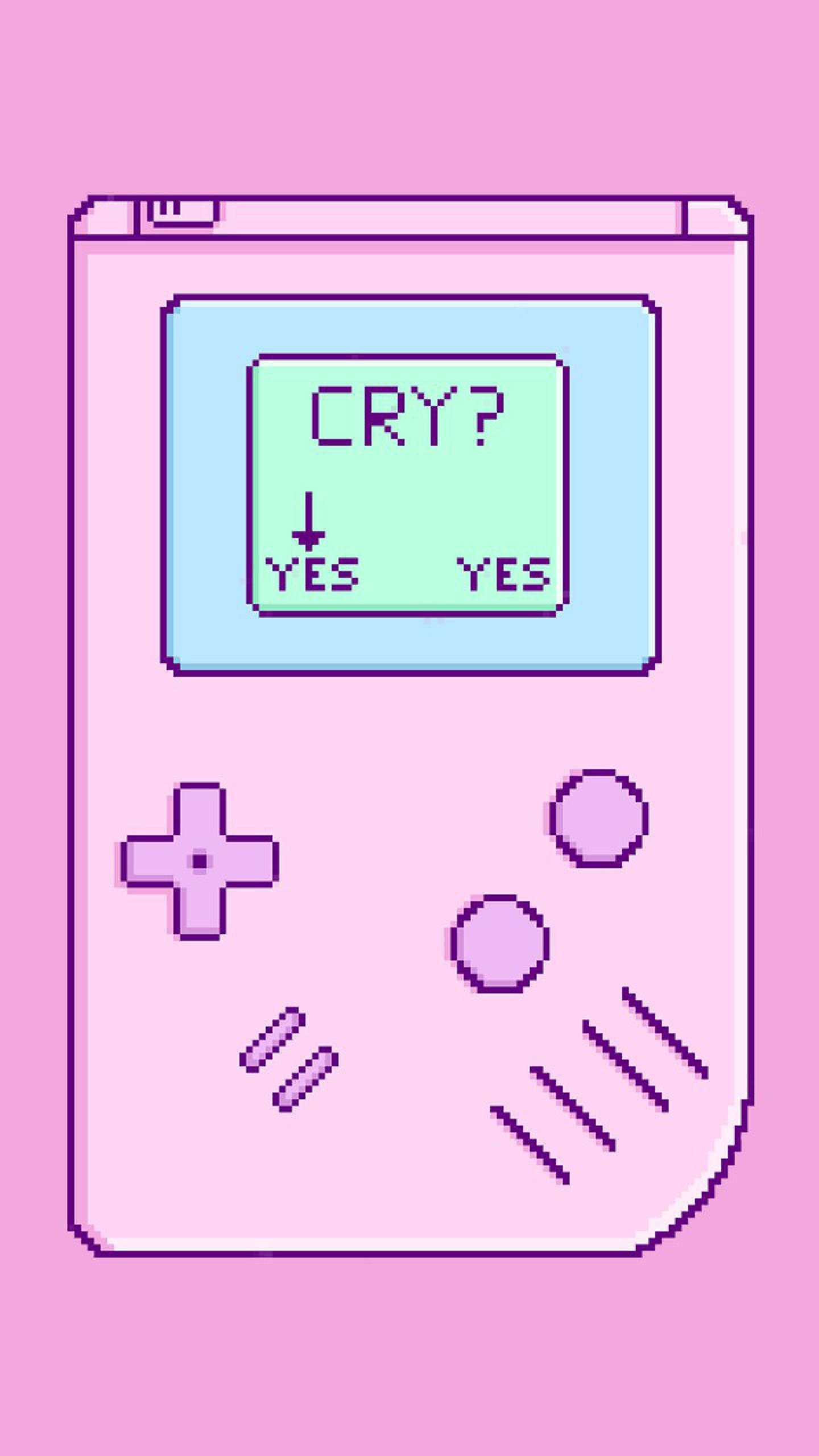 game 桌布 壁紙 — 一台粉紅色像素風格掌上遊戲機顯示發光螢幕，問「CRY?」，下方有「YES」選項。