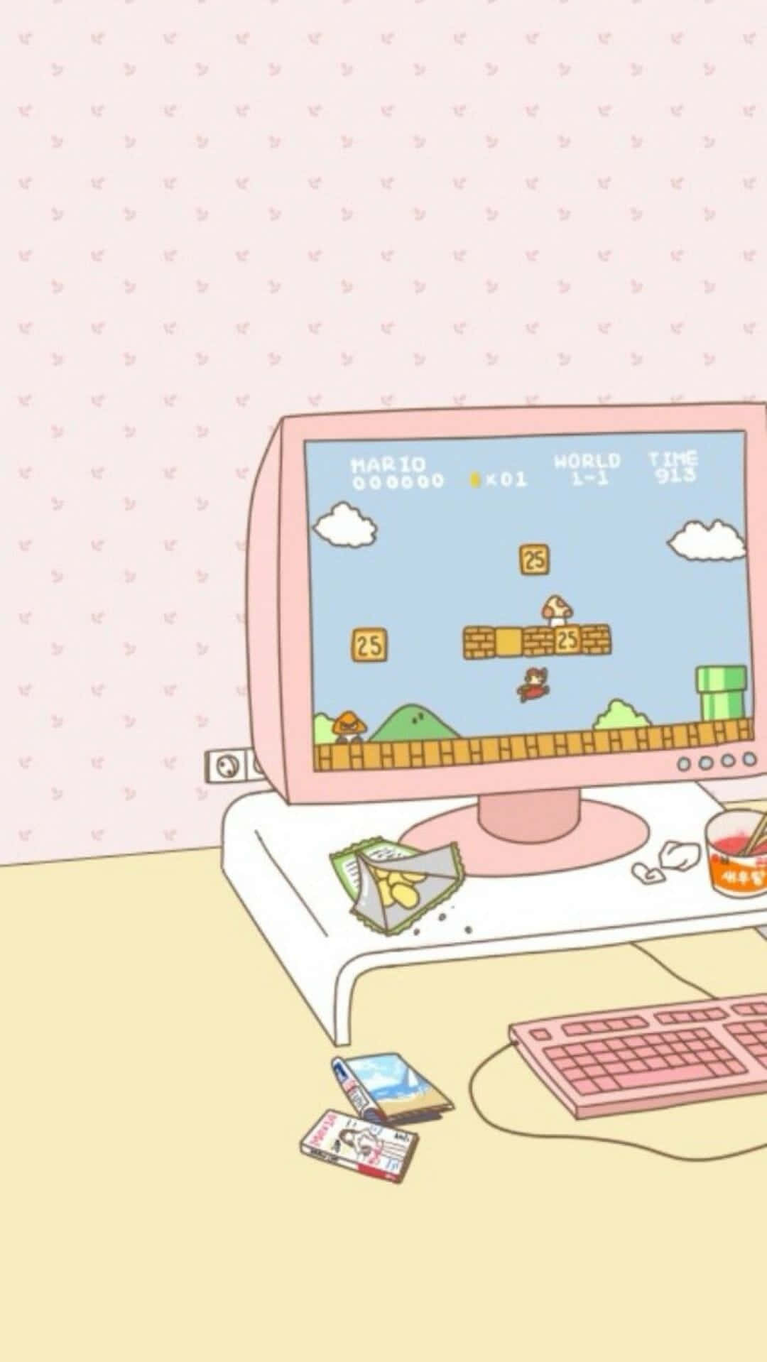 Animation 桌布 壁紙 — 一台粉紅色復古電腦在粉彩桌上顯示經典的瑪利歐遊戲，周圍環繞著遊戲配件。
