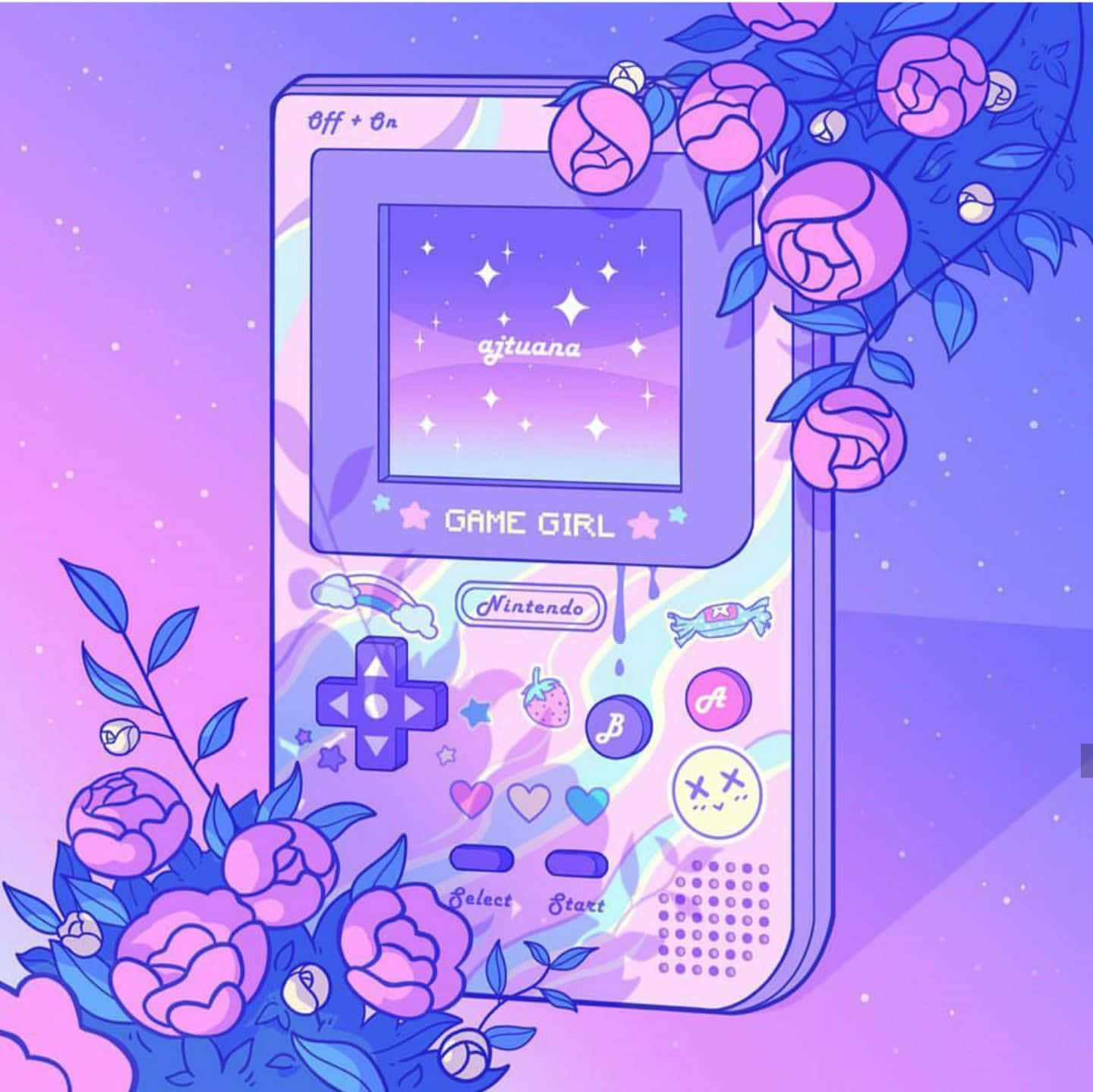 Cute Kawaii 桌布 壁紙 — 一台粉紫色Game Boy，飾有粉紅玫瑰和糖果貼紙，背景是星空漸層。