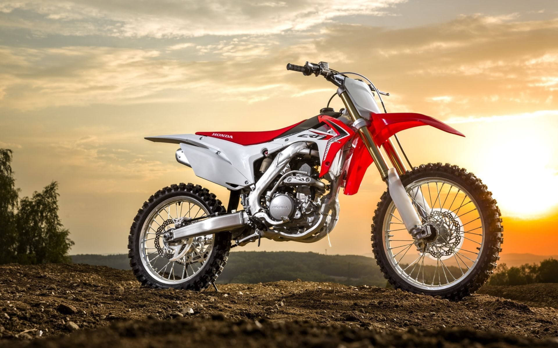 金色日落中土坡上的紅白色本田 CRF 越野機車。 — 機車 壁紙