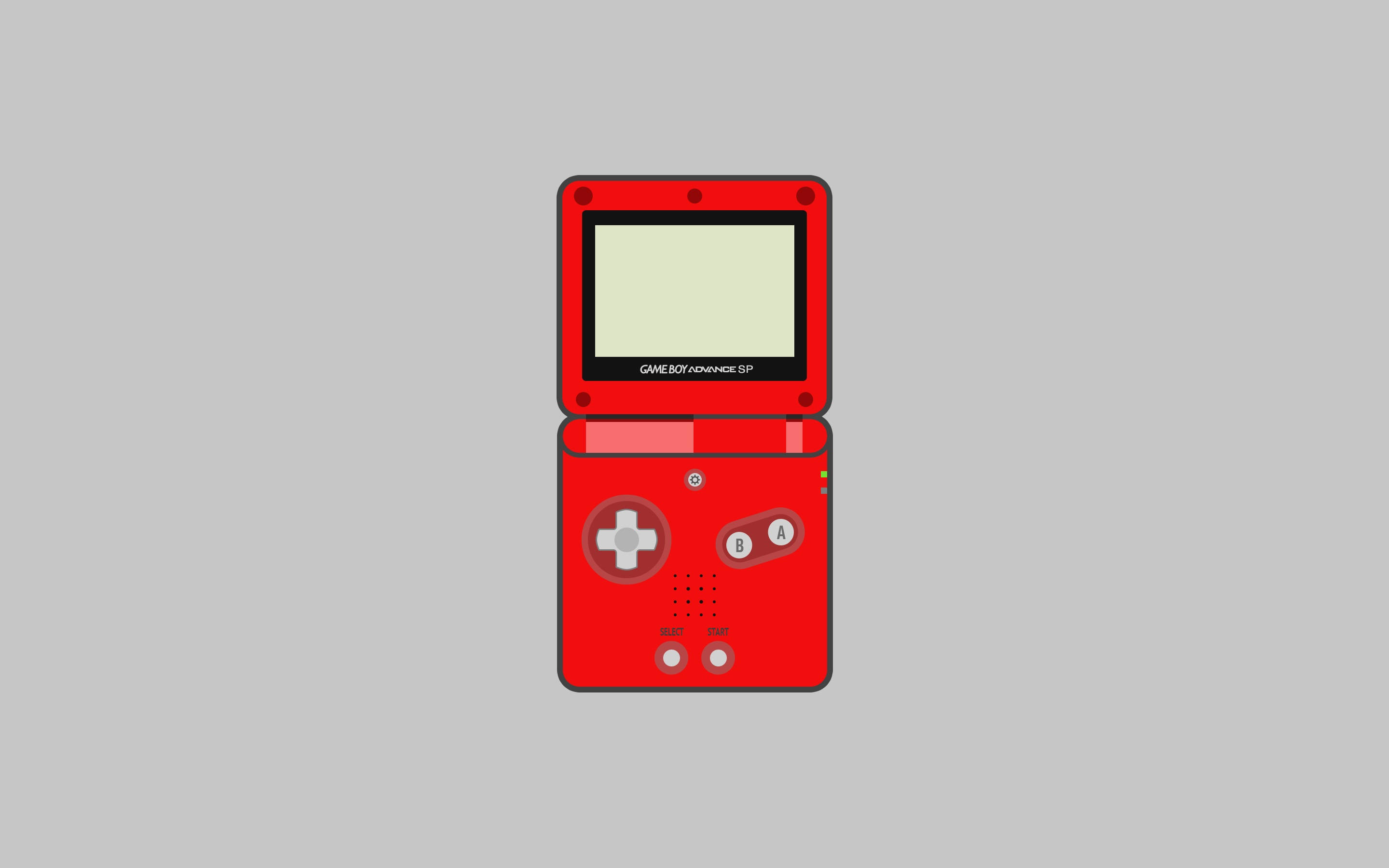 game 桌布 壁紙 — 一台紅色 Game Boy Advance SP 主機，螢幕空白，置於純灰色背景中央。
