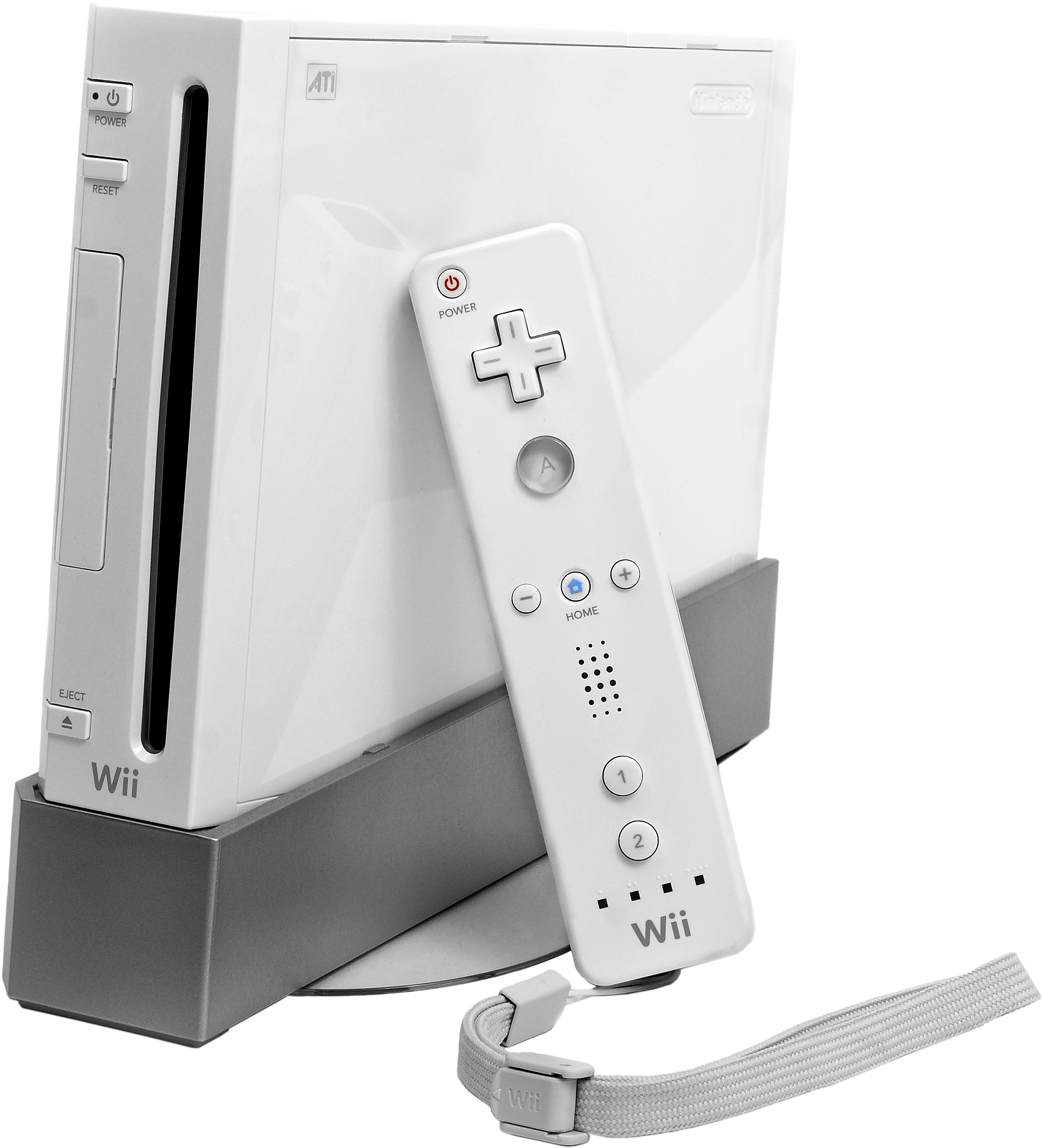 任天堂Switch 動圖 桌布 壁紙 — 一台純白色的 Nintendo Wii 主機和控制器放置在支架上，背景為純黑色。
