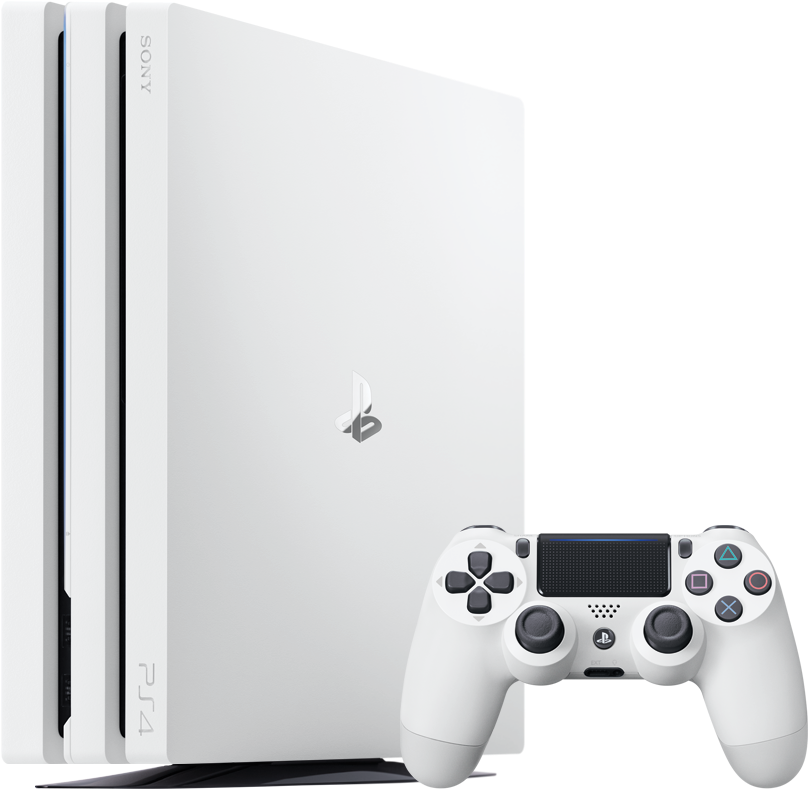 PlayStation 桌布 壁紙 — 一台純白色的 PlayStation 4 主機和手把在純黑背景襯托下，展現出簡潔現代的遊戲硬體。