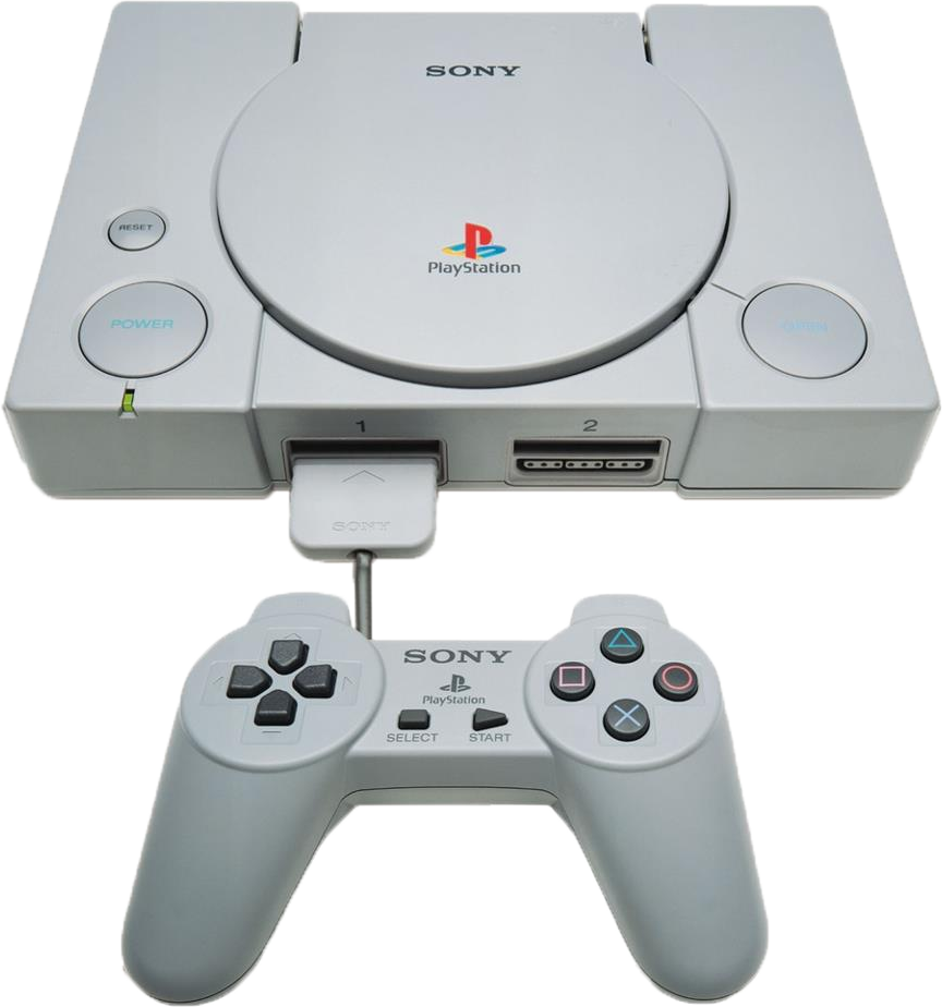 PlayStation 桌布 壁紙 — 一台純白色的 Sony PlayStation 1 主機和控制器，置於潔淨的白色背景上。
