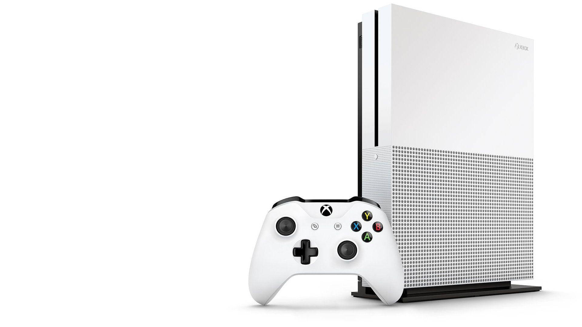 Xbox 桌布 壁紙 — 一台純白色的 Xbox One S 主機和對應的控制器，放在乾淨的白色背景上。
