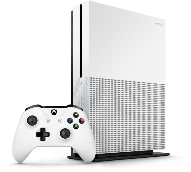 Xbox 桌布 壁紙 — 一台純白色的 Xbox One S 主機連同相配的控制器，矗立在純黑背景前。