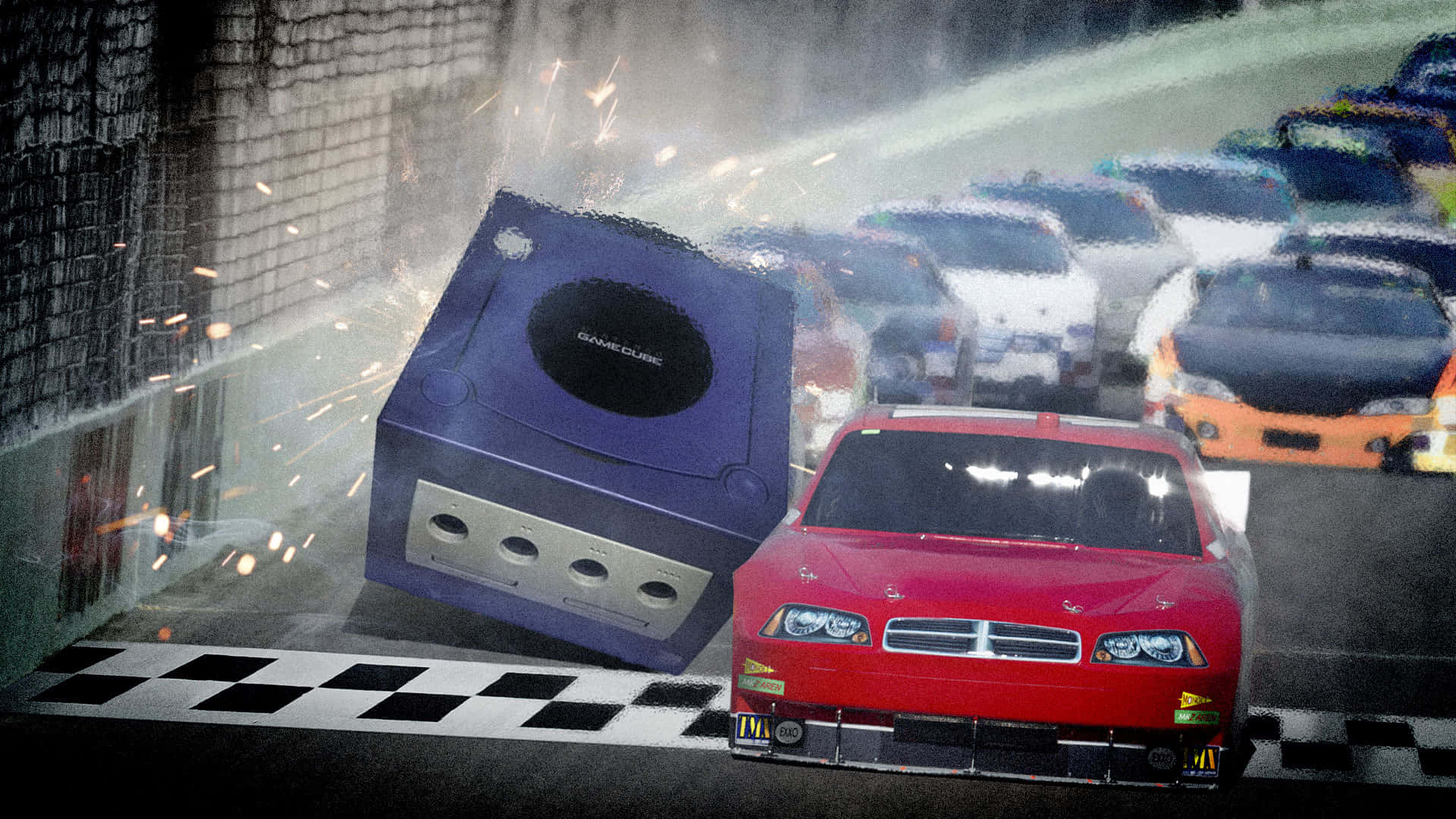 nascar 桌布 壁紙 — 一台紫色GameCube主機在方格賽道上撞向一輛紅色賽車，火花四濺，其他車輛在背景中模糊不清。