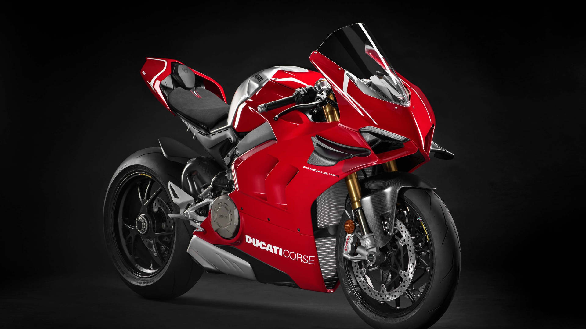 杜卡迪 桌布 壁紙 — 一台線條流暢的紅色Ducati Corse機車，配備金色前叉和黑色飾件，在深色工作室背景前蓄勢待發。