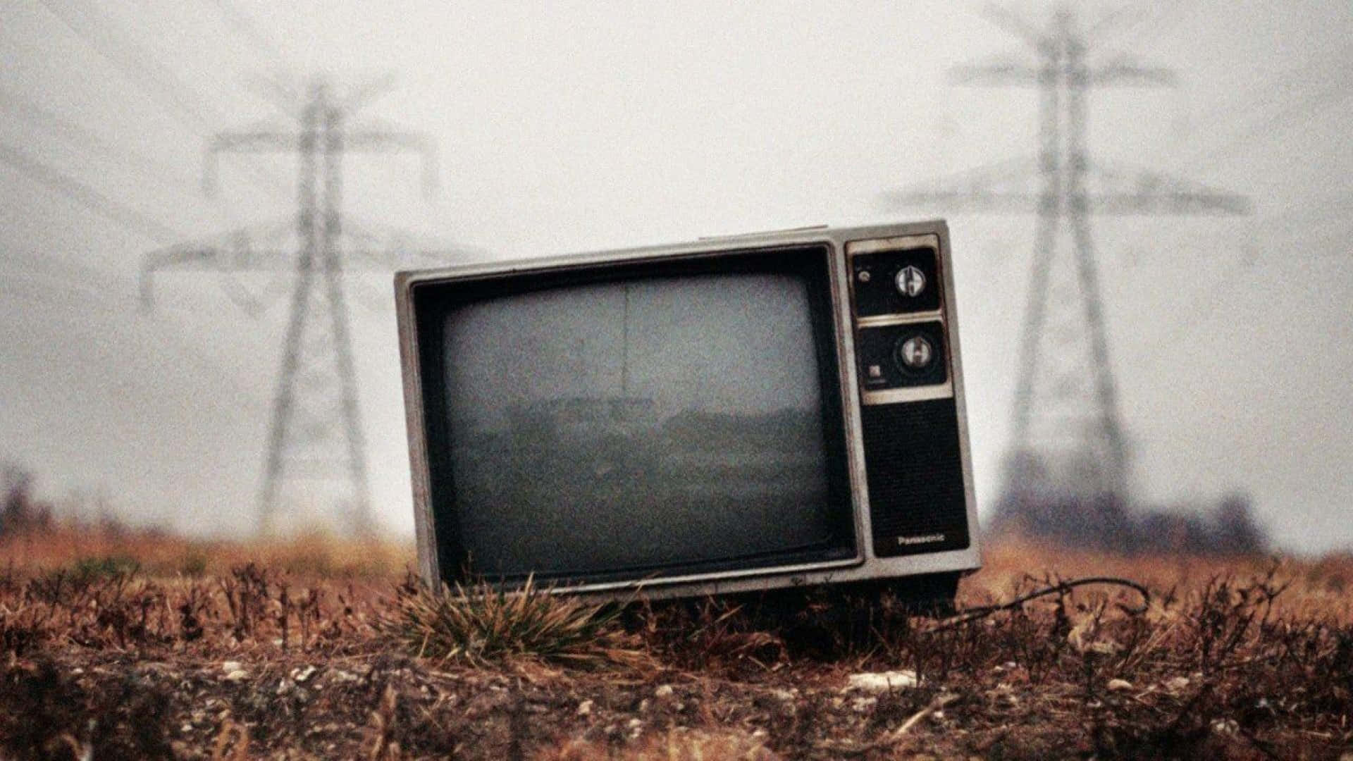 Television Set 桌布 壁紙 — 一台舊款Panasonic電視被遺棄在乾燥的田野中，背景有霧氣籠罩的電線杆。