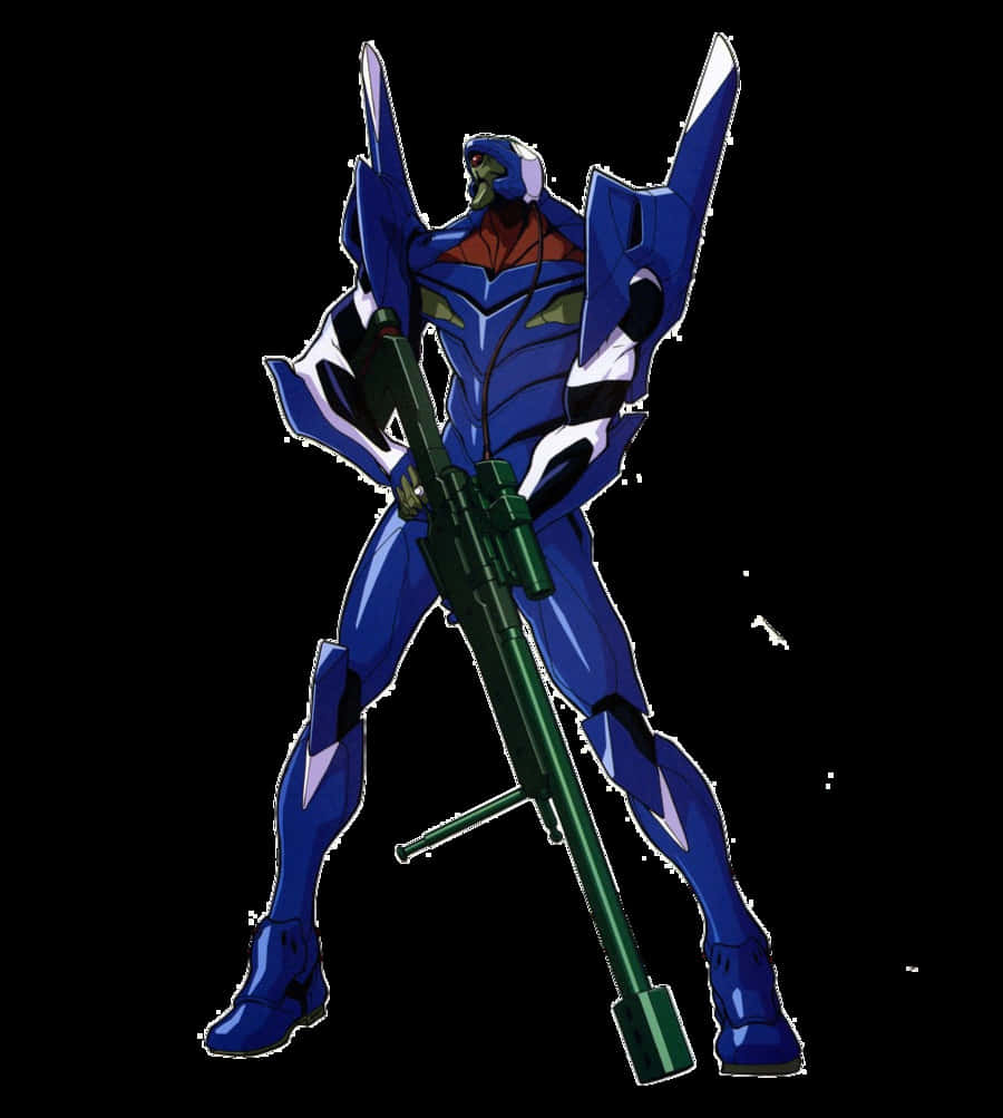 Eva-00 桌布 壁紙 — 一台藍白相間的動畫機甲，手持綠色步槍，站在純黑色背景前。