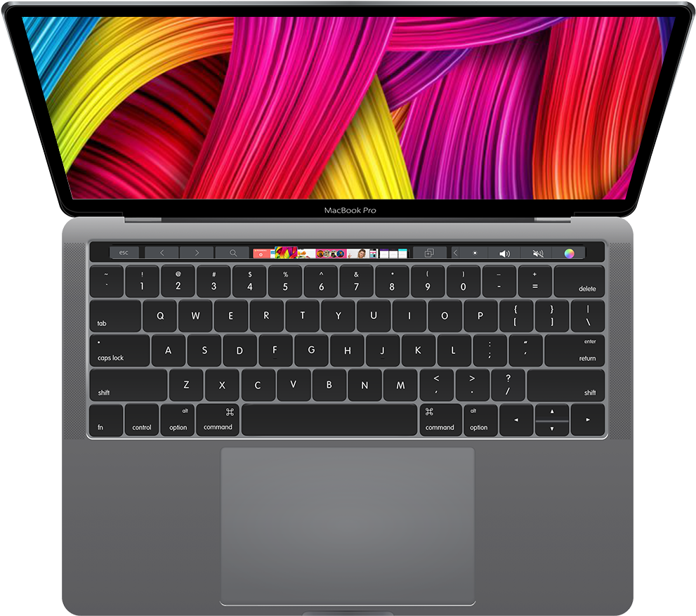 MacBook 動態圖片 桌布 壁紙 — 一台銀色 MacBook Pro 筆記型電腦打開，螢幕上顯示出色彩繽紛的抽象漩渦彩虹絲帶桌布。