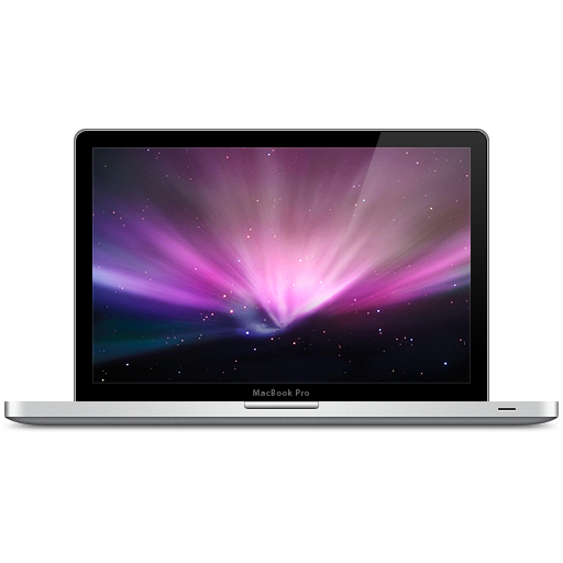 Mac 桌布 壁紙 — 一台銀色 MacBook Pro 顯示充滿活力的宇宙桌布，帶有發光的粉紫色光束和散落的星星，背景為深色。