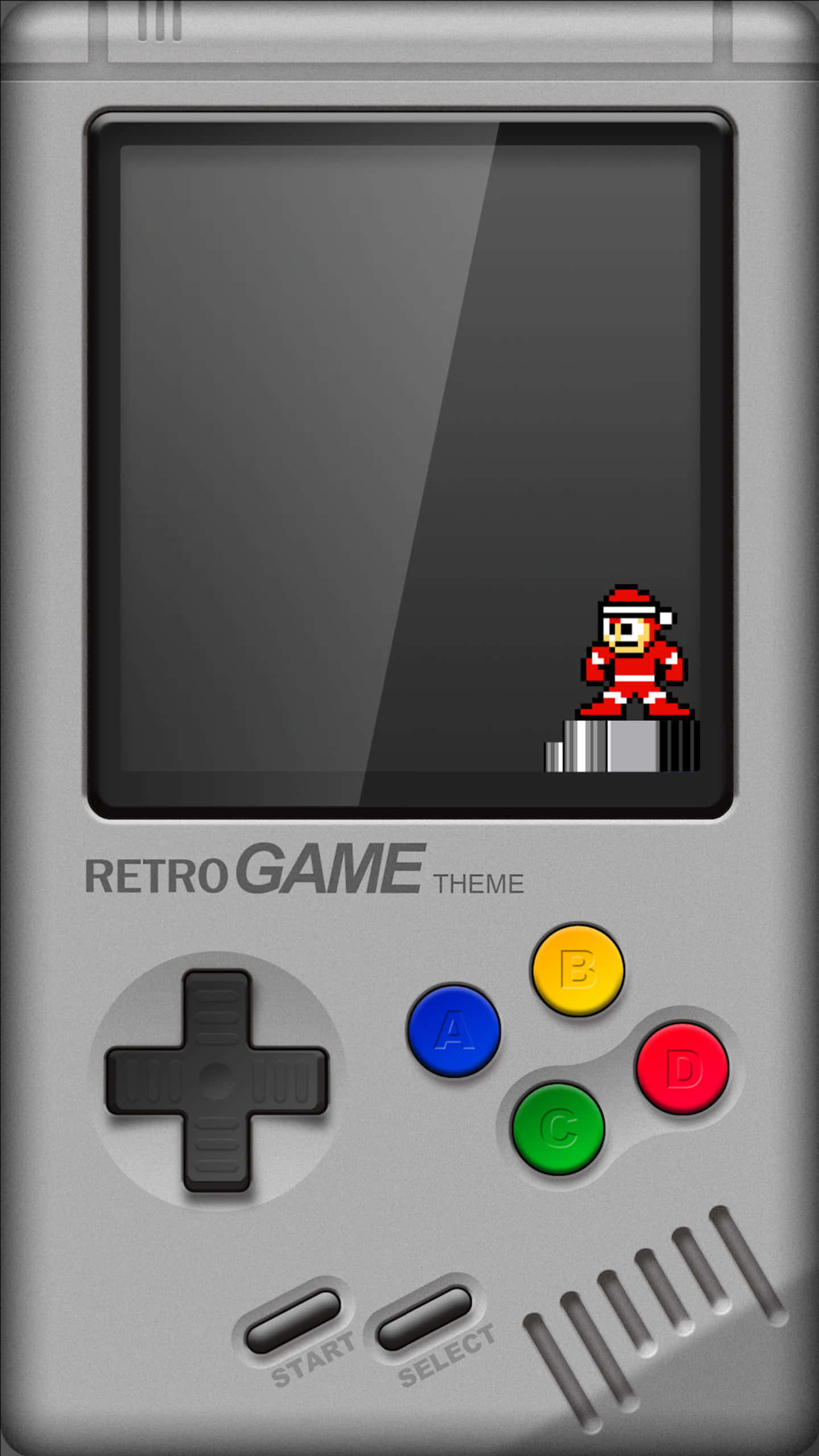 Retro 桌布 壁紙 — 一台銀色復古掌上遊戲機顯示一個像素化的紅色角色站在平台上。